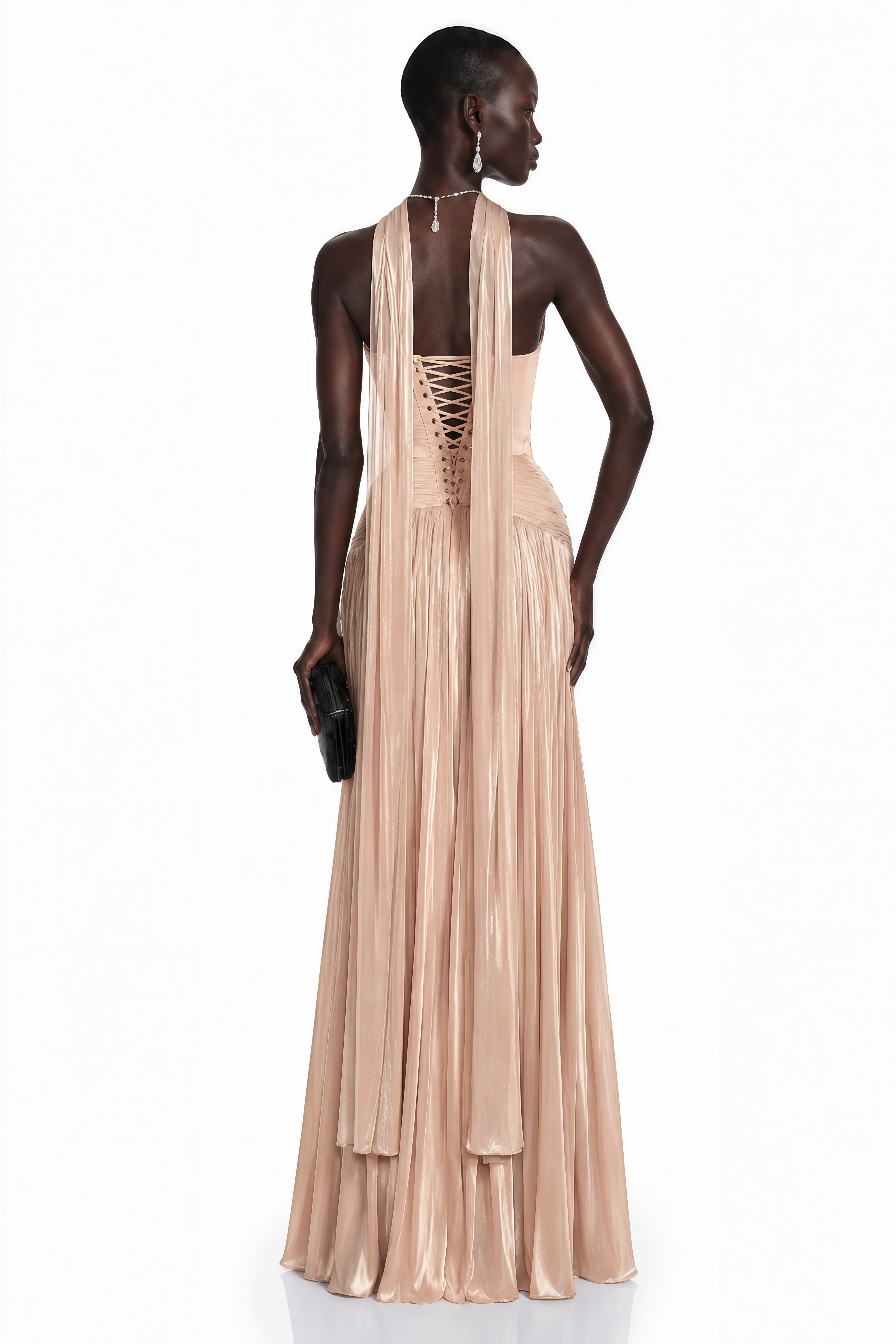 Fadime Champagne Cross Front Ruched Maxi Dress with Cape