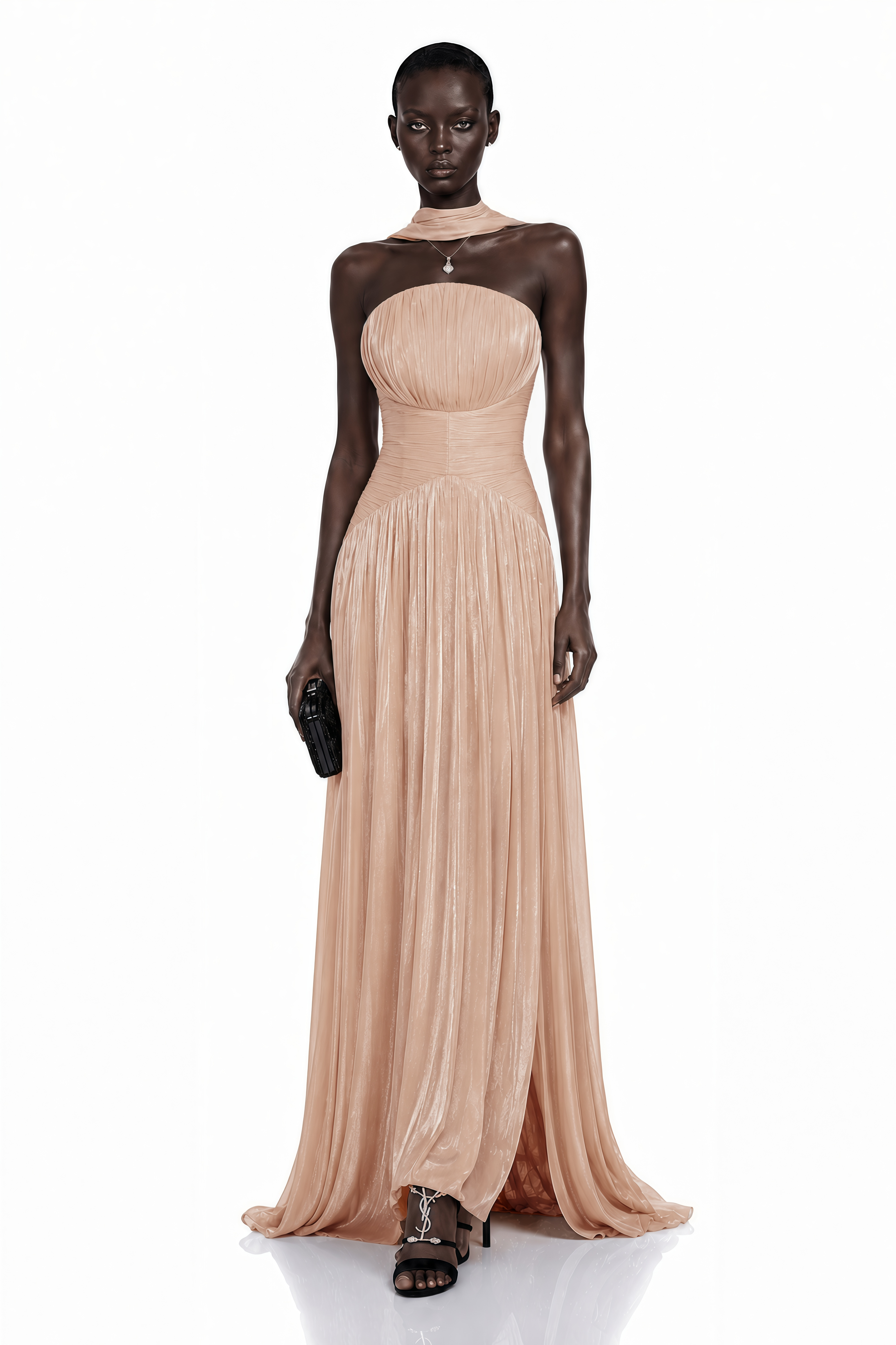 Fadime Champagne Cross Front Ruched Maxi Dress with Cape