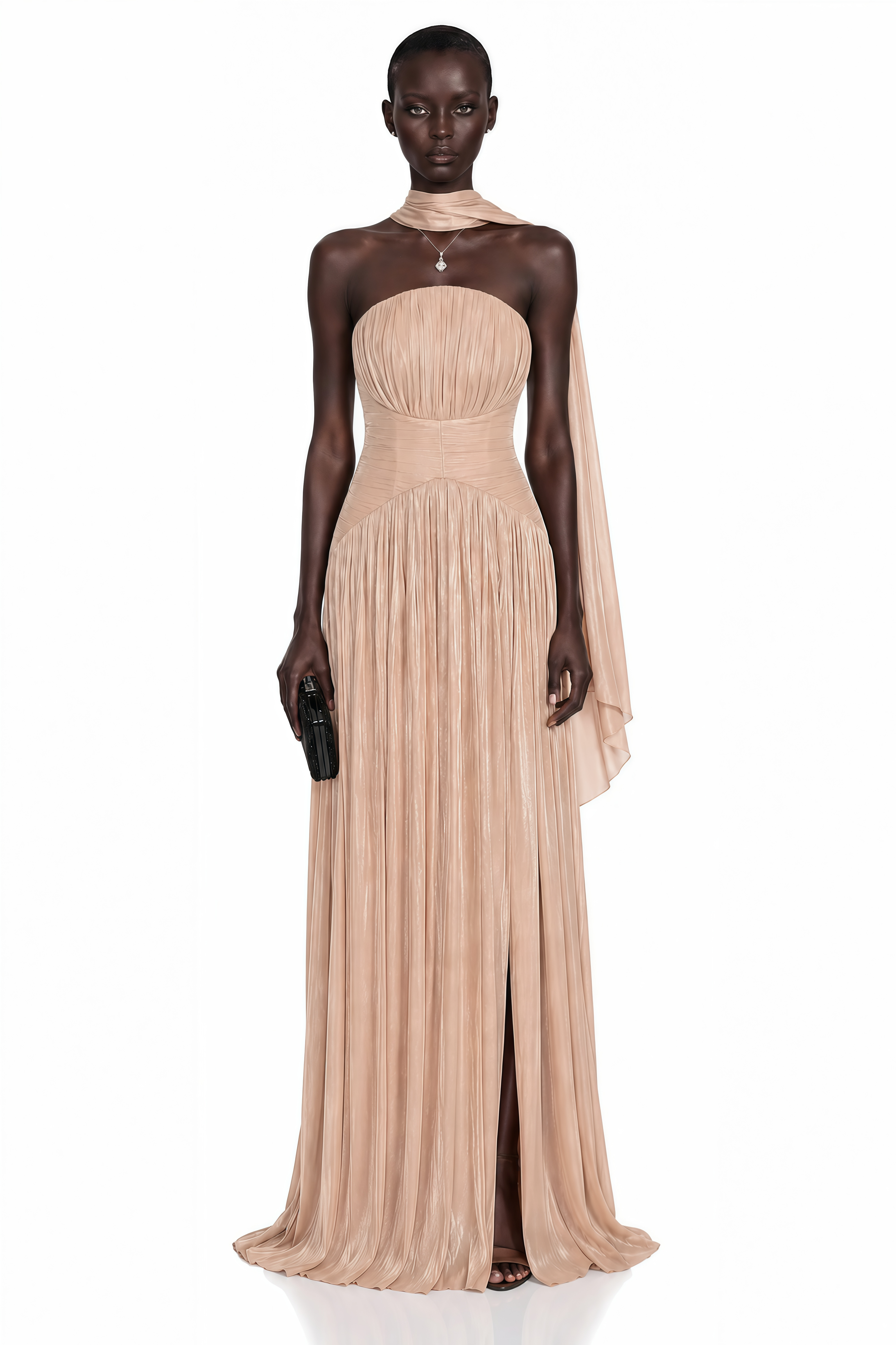 Fadime Champagne Cross Front Ruched Maxi Dress with Cape