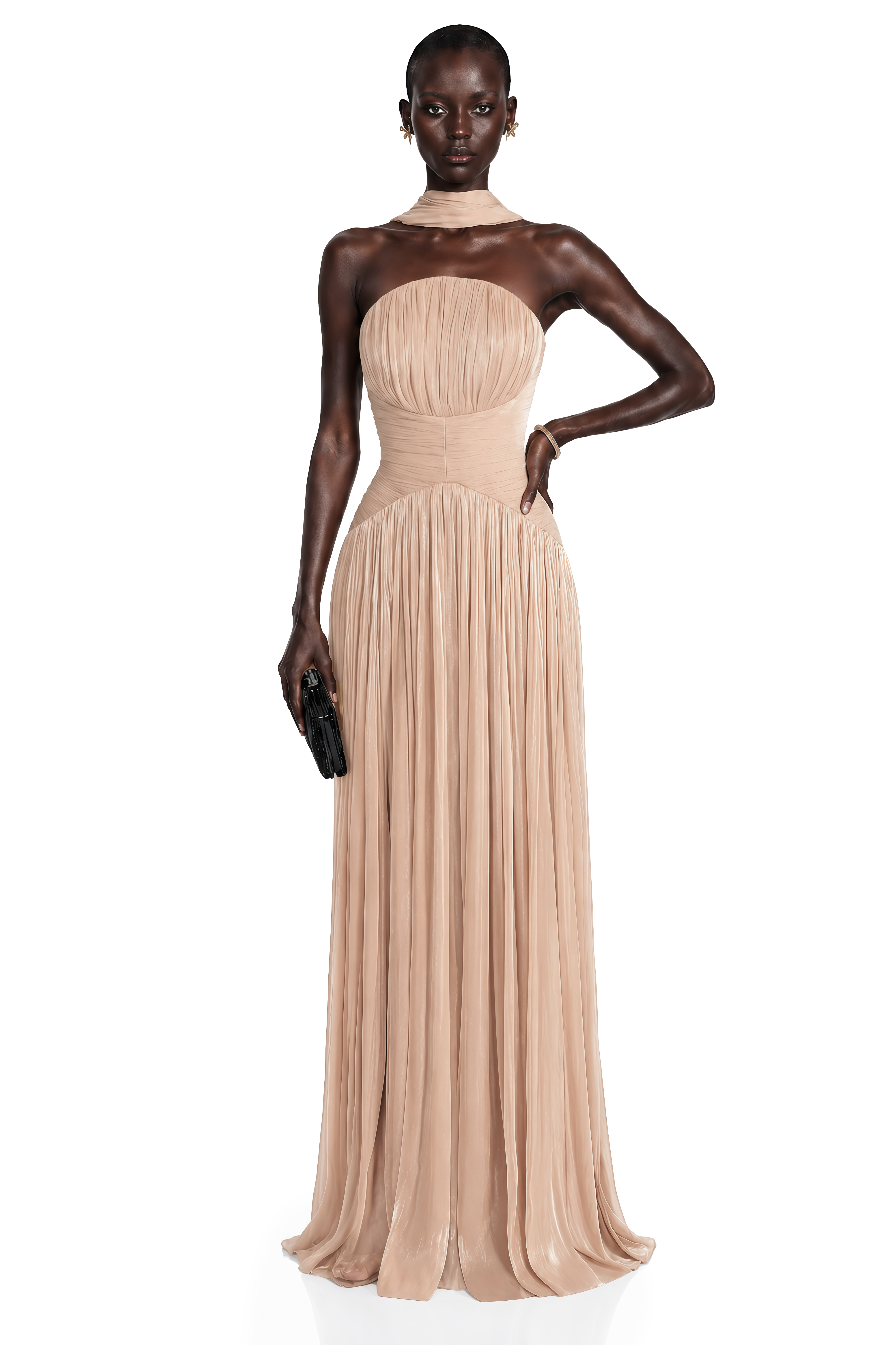 Fadime Champagne Cross Front Ruched Maxi Dress with Cape