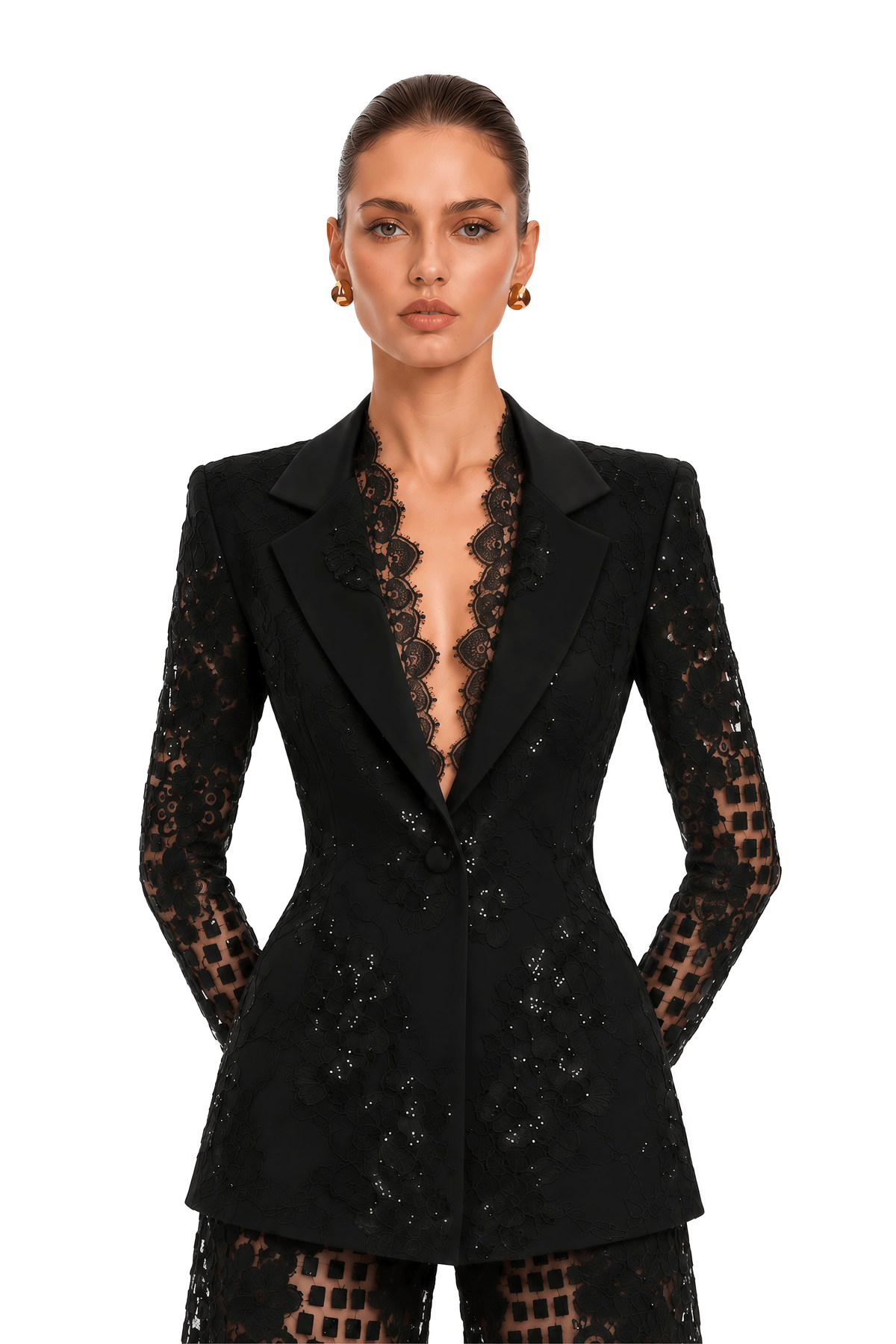 faigy black sequin lace blazer & wide leg trousers set