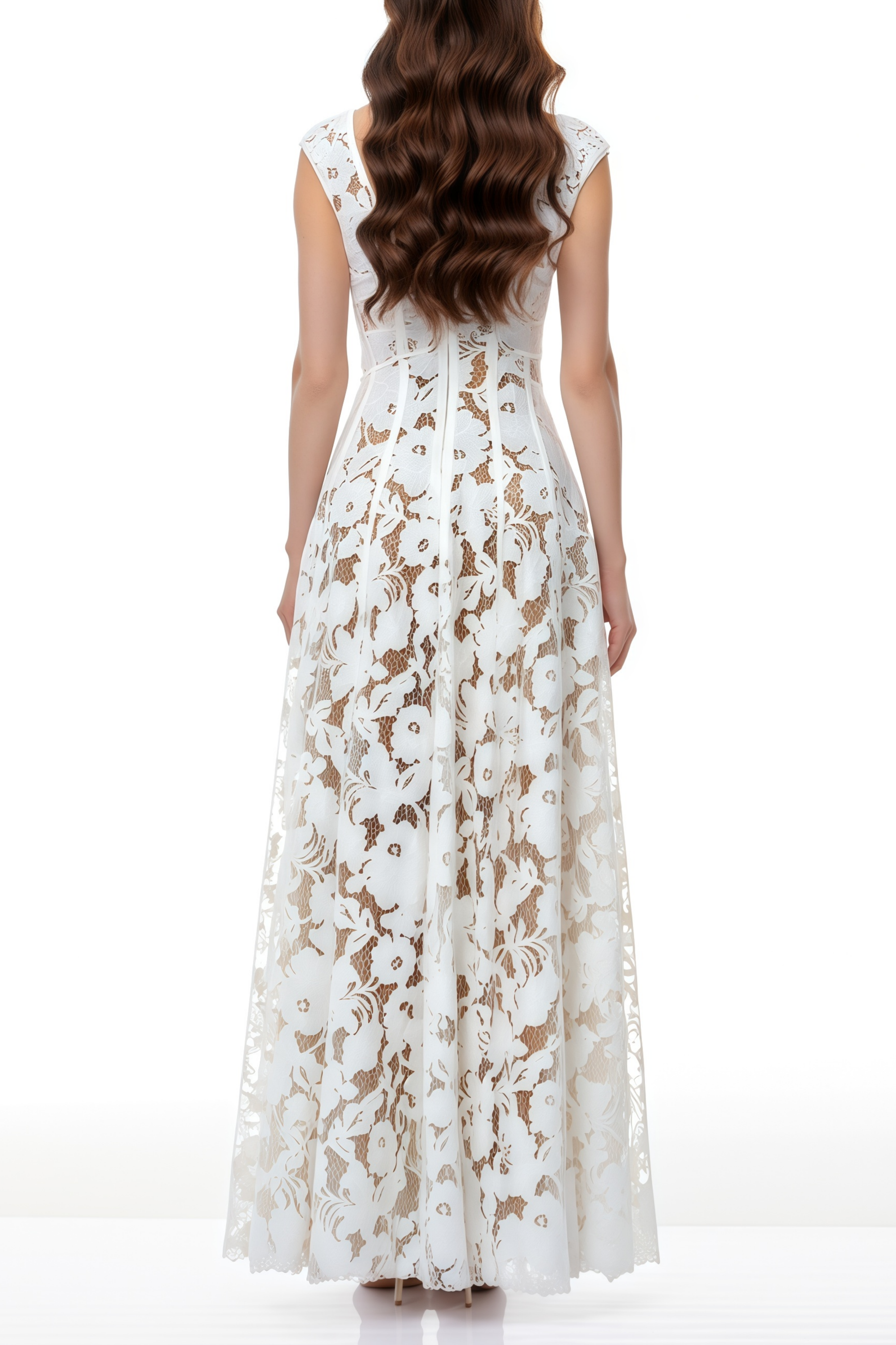 Fariba White V-Neck Floral Lace Maxi Dress