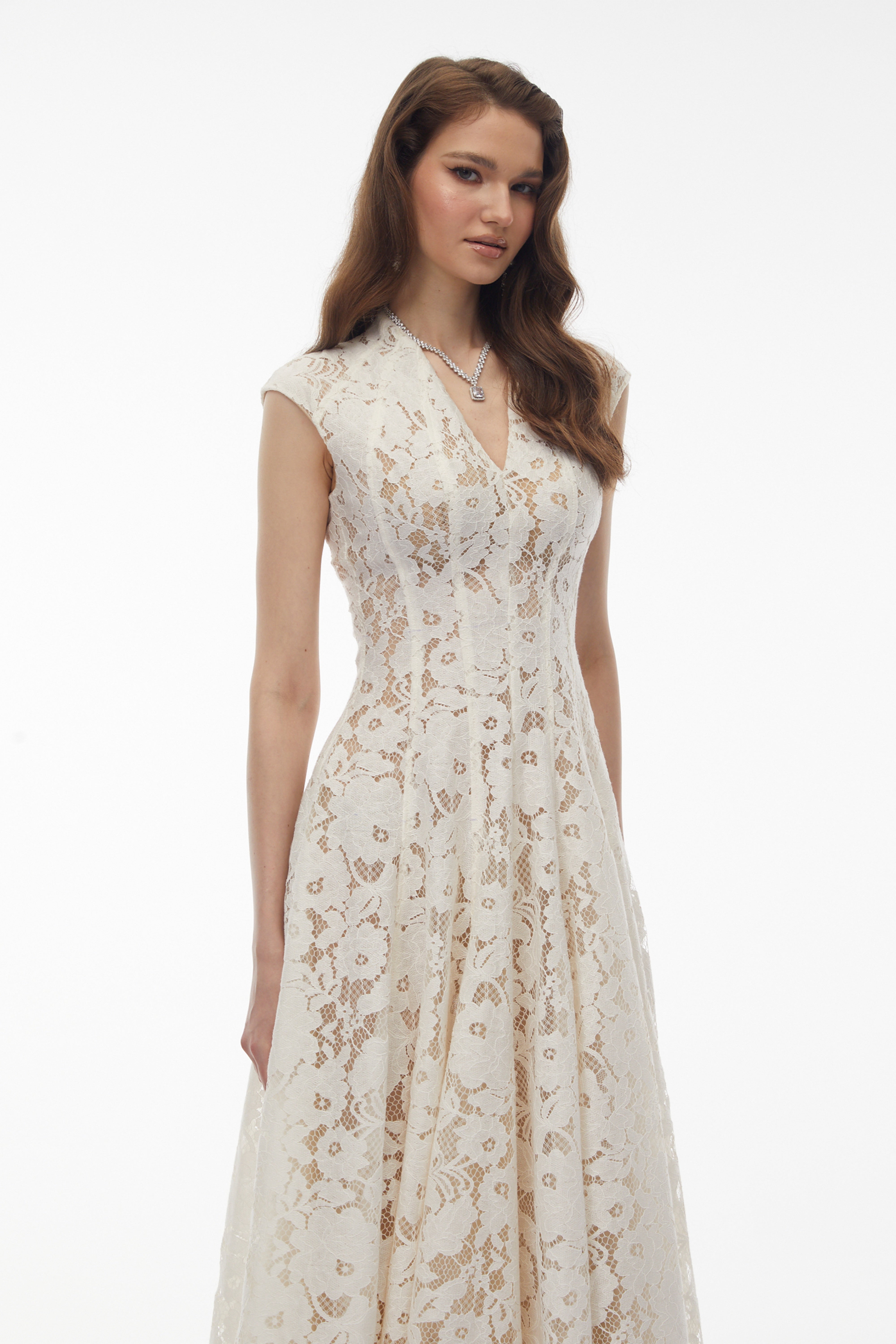 Fariba White V-Neck Floral Lace Maxi Dress (Final Sale-US Only)