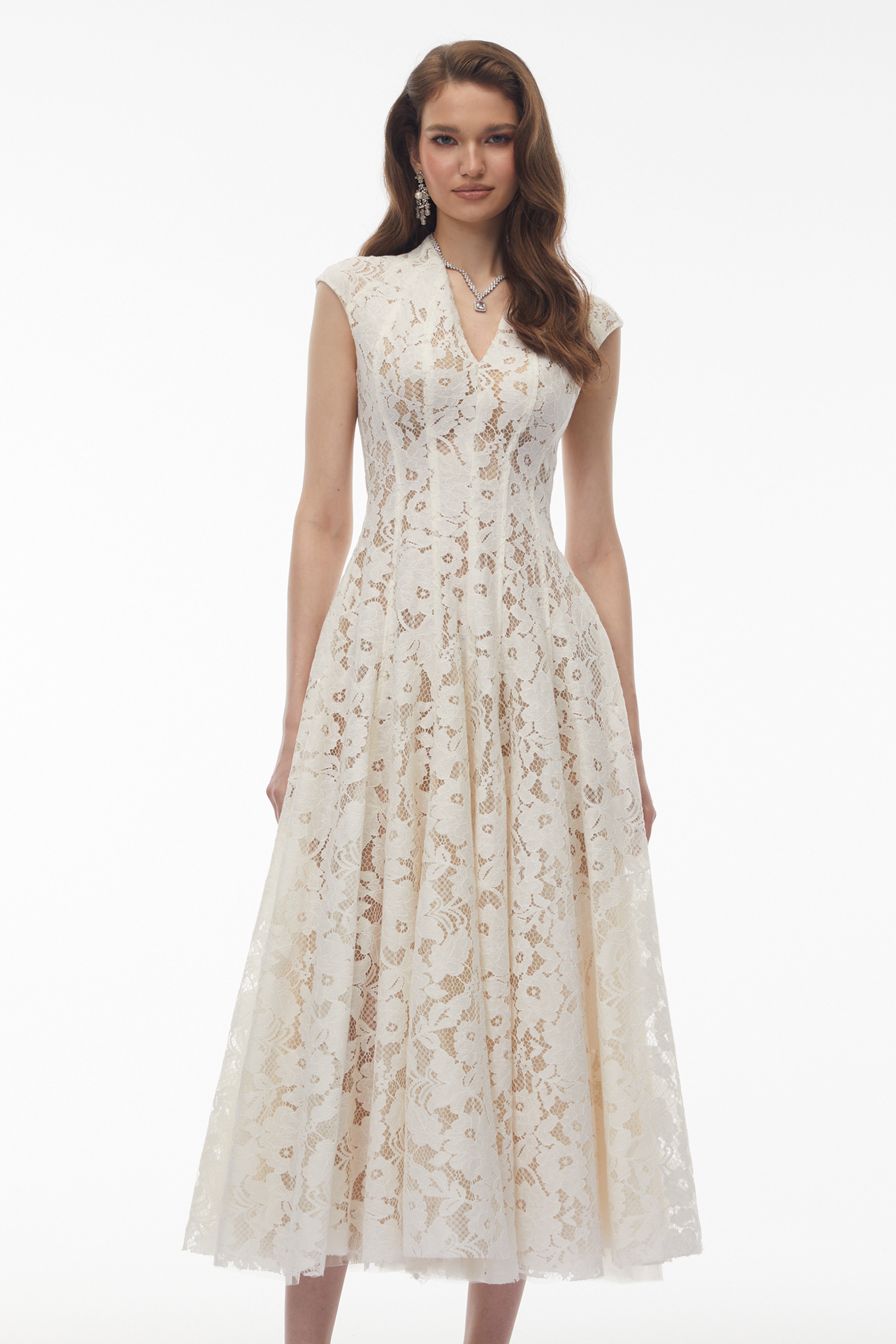 Fariba White V-Neck Floral Lace Maxi Dress (Final Sale-US Only)