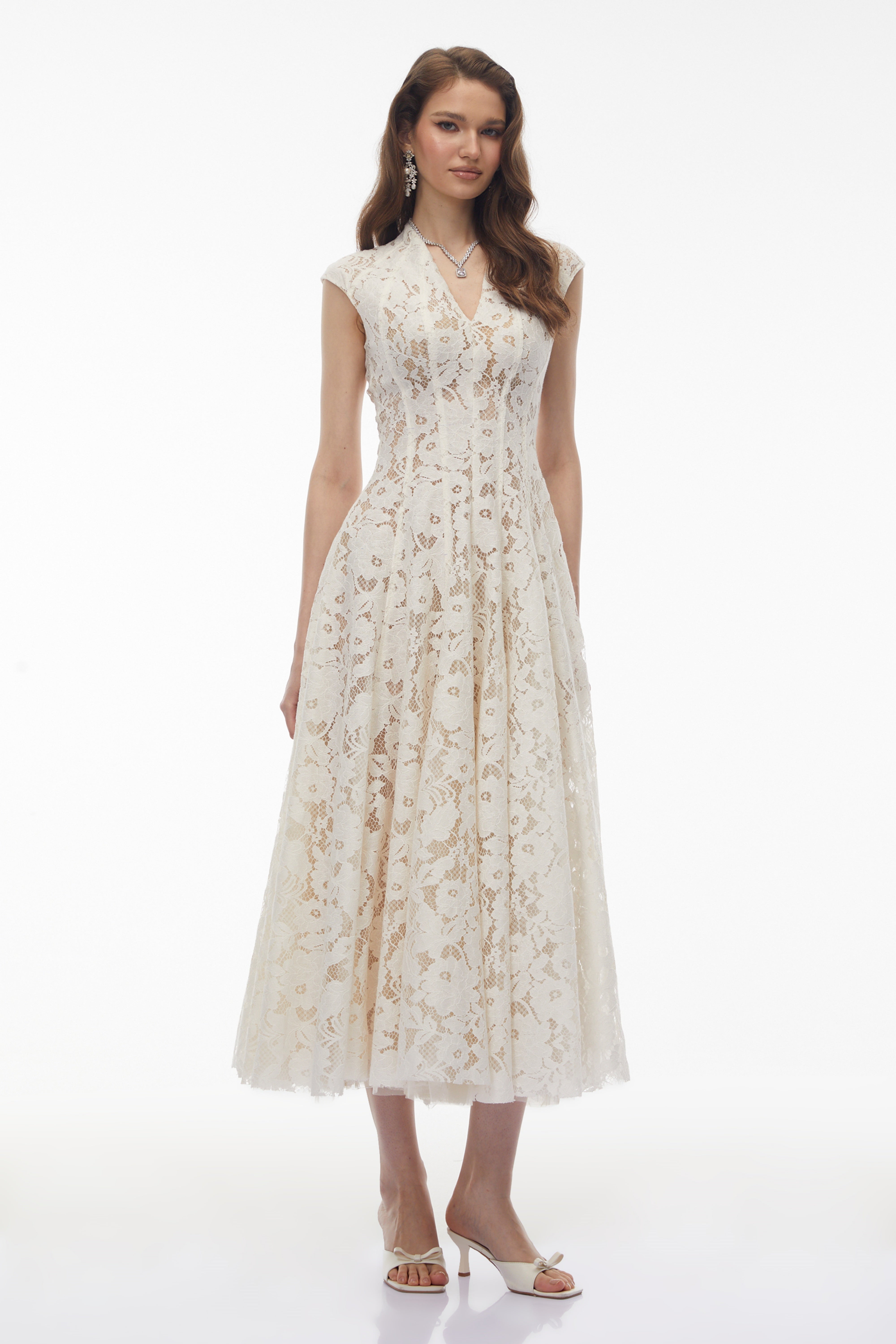 Fariba White V-Neck Floral Lace Maxi Dress (Final Sale-US Only)