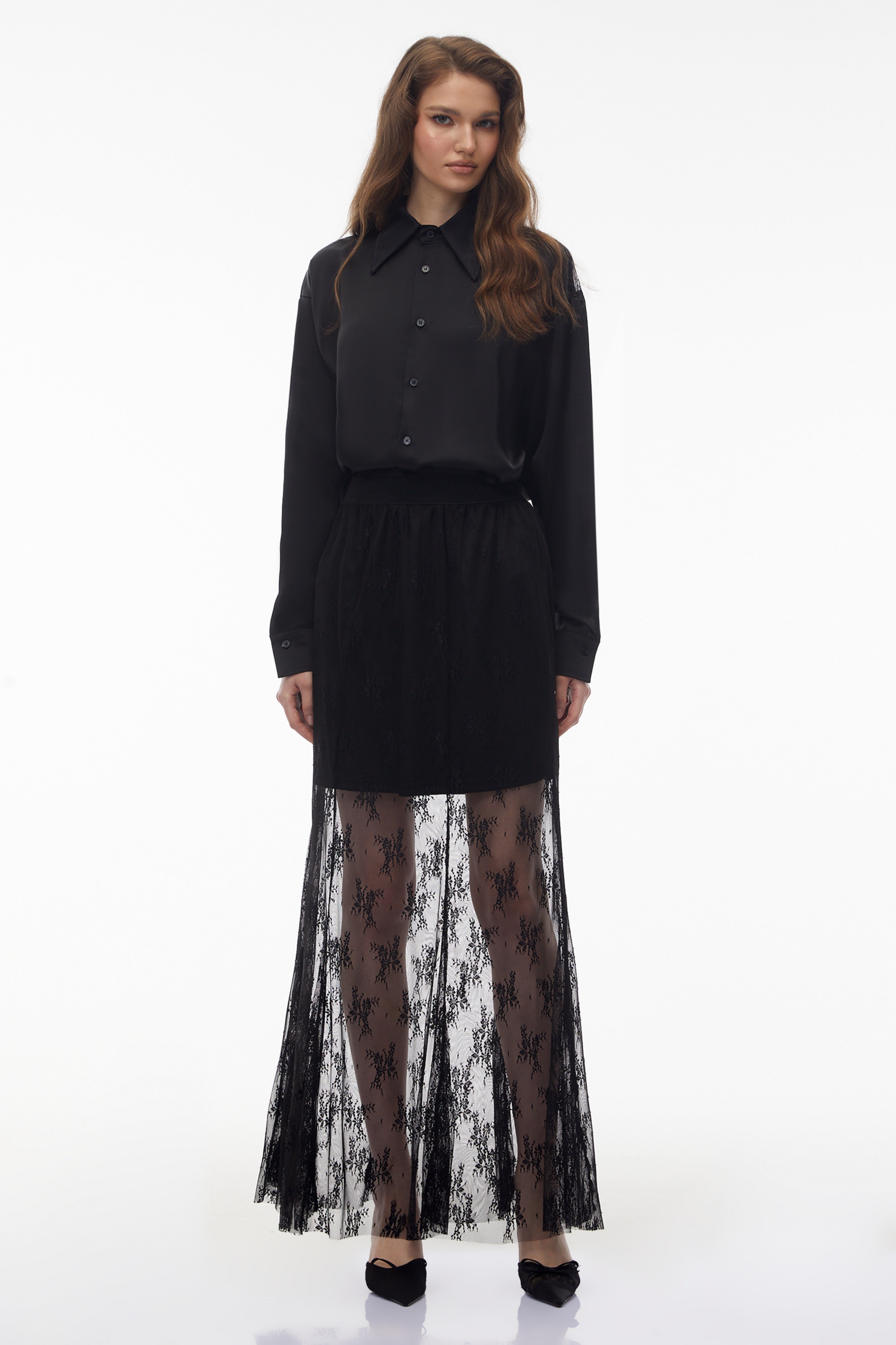 Fauna Black Satin Shirt & Skirt Set