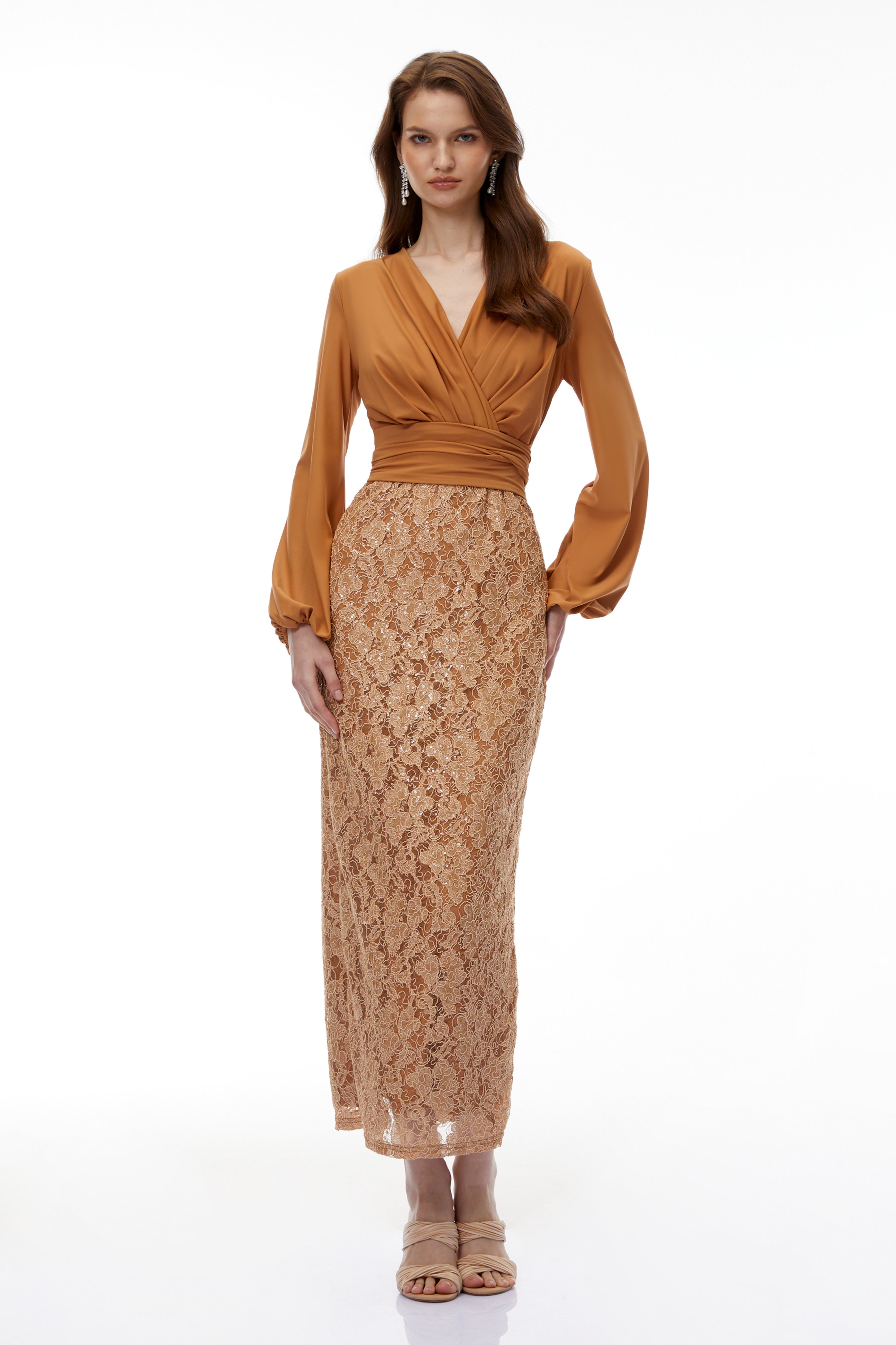 Fauna Brown Plunge Neck Lace Maxi Dress (Final Sale-US Only)