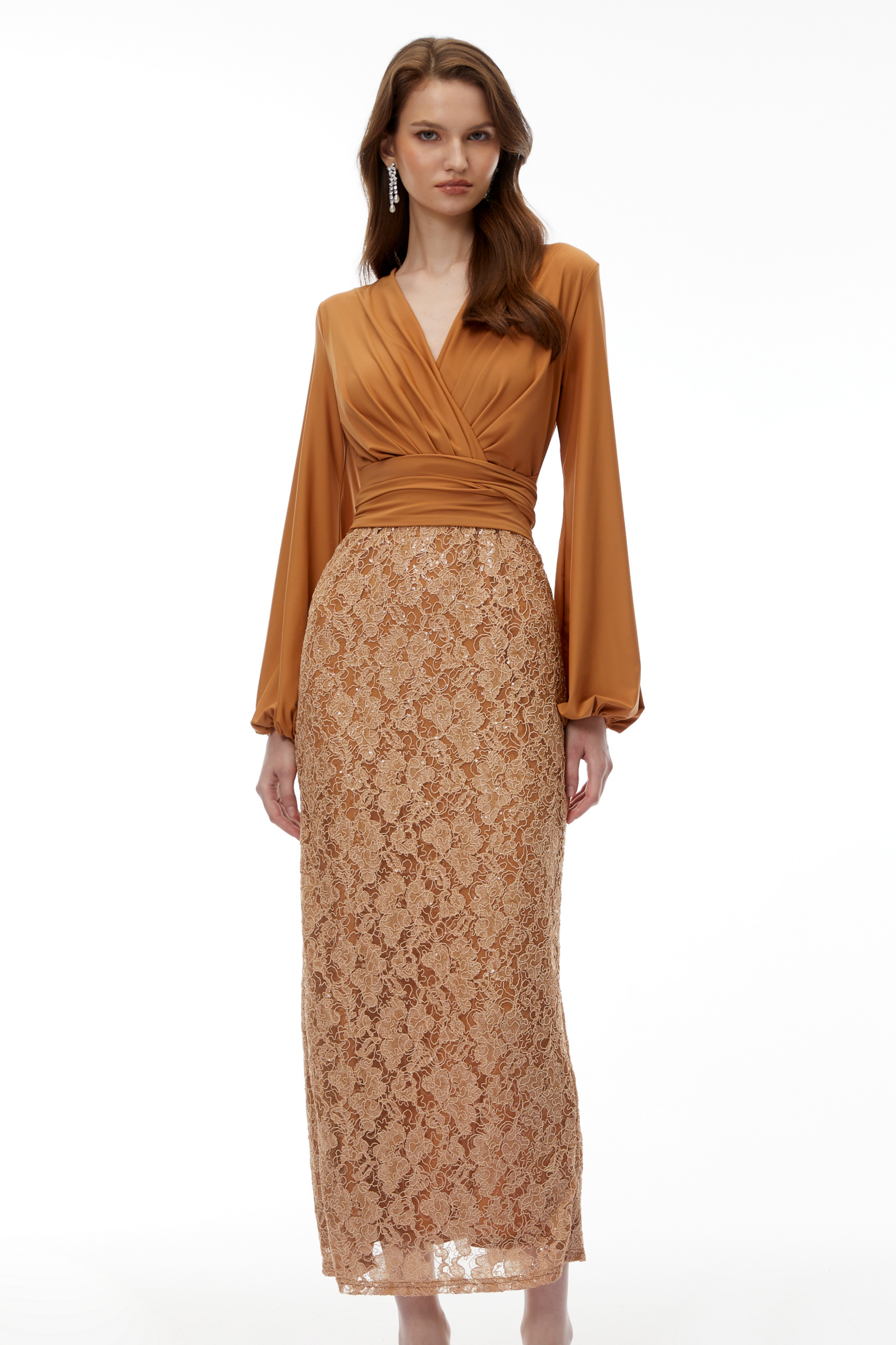 Fauna Brown Plunge Neck Lace Maxi Dress (Final Sale-US Only)