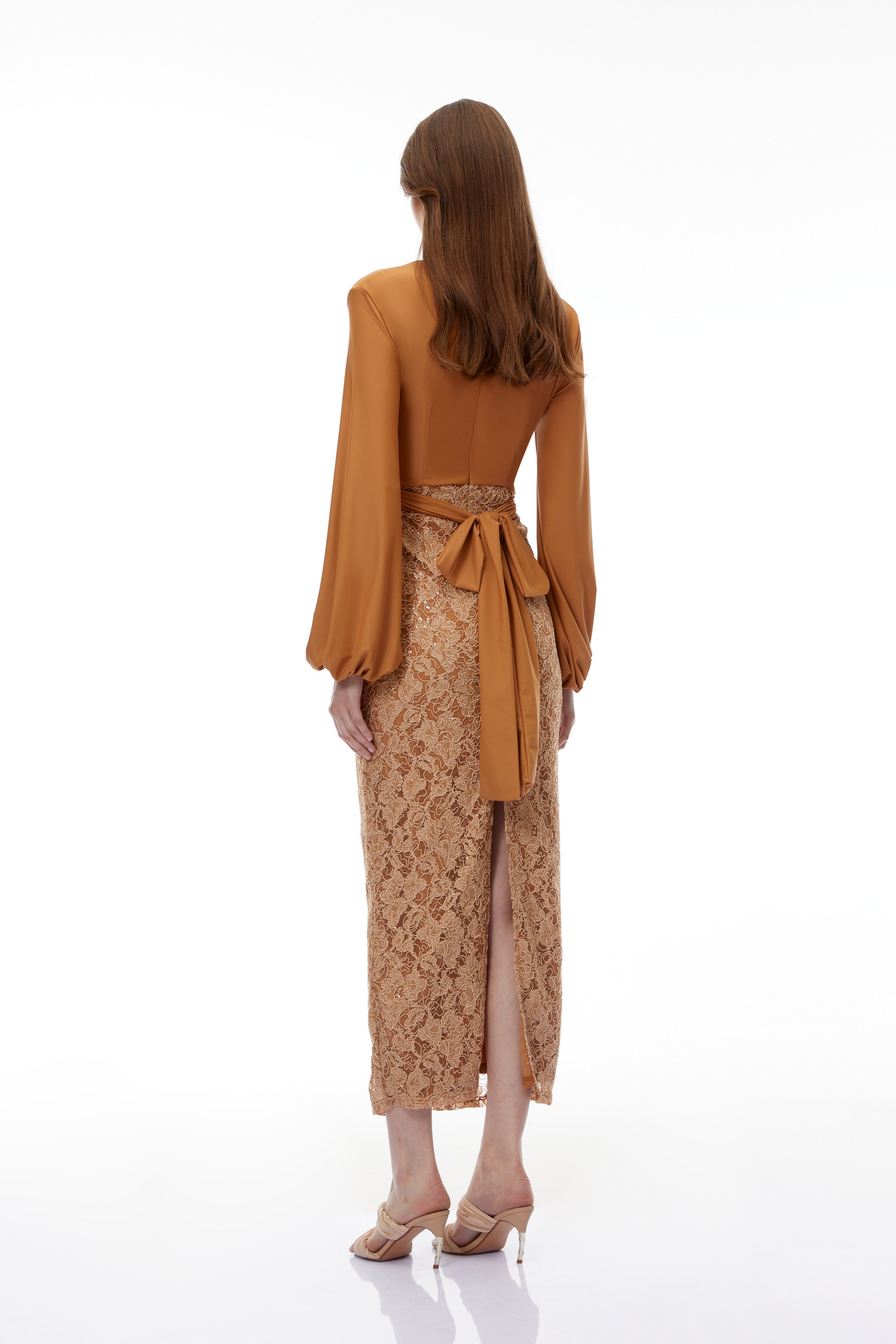 Fauna Brown Plunge Neck Lace Maxi Dress (Final Sale-US Only)