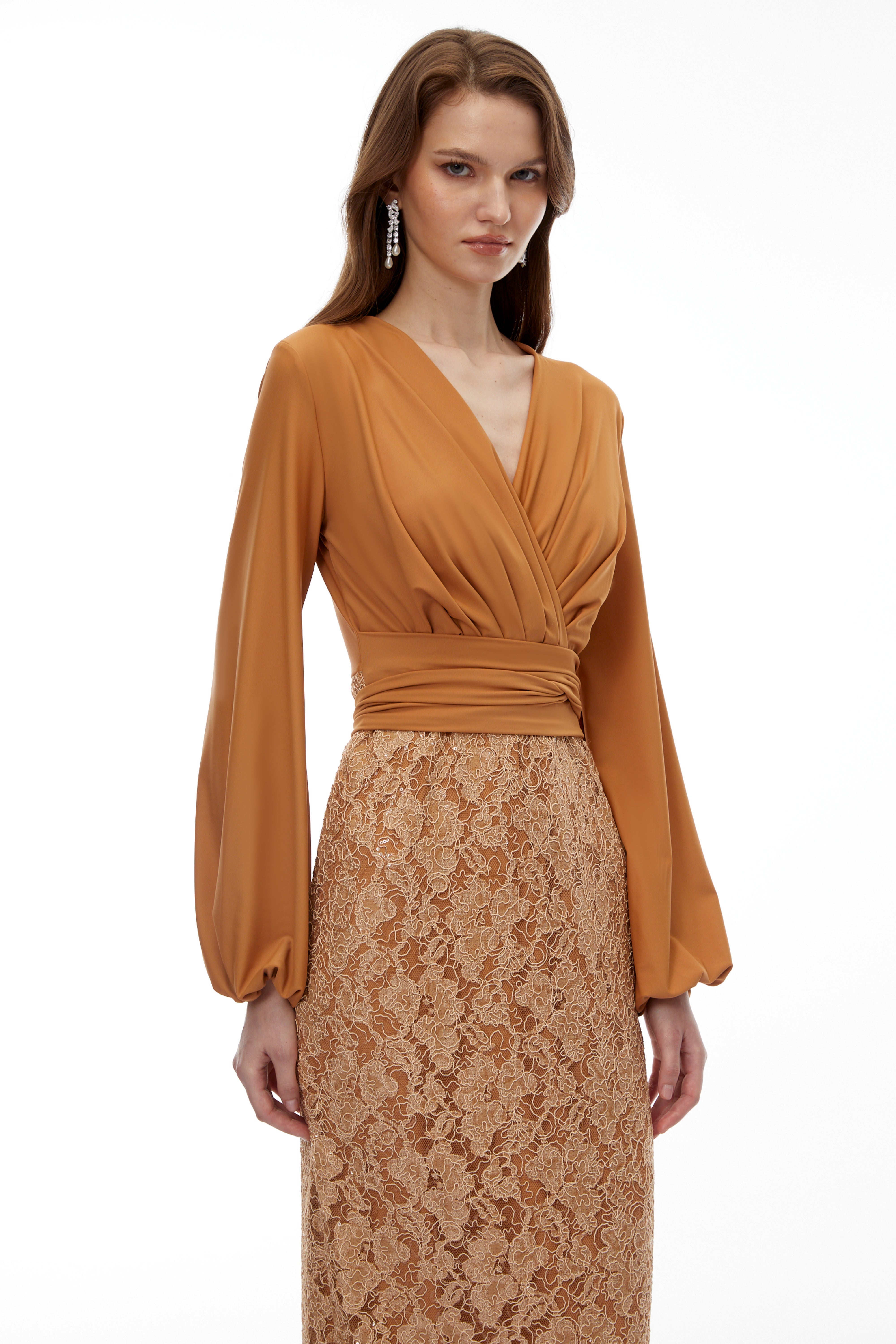 Fauna Brown Plunge Neck Lace Maxi Dress (Final Sale-US Only)