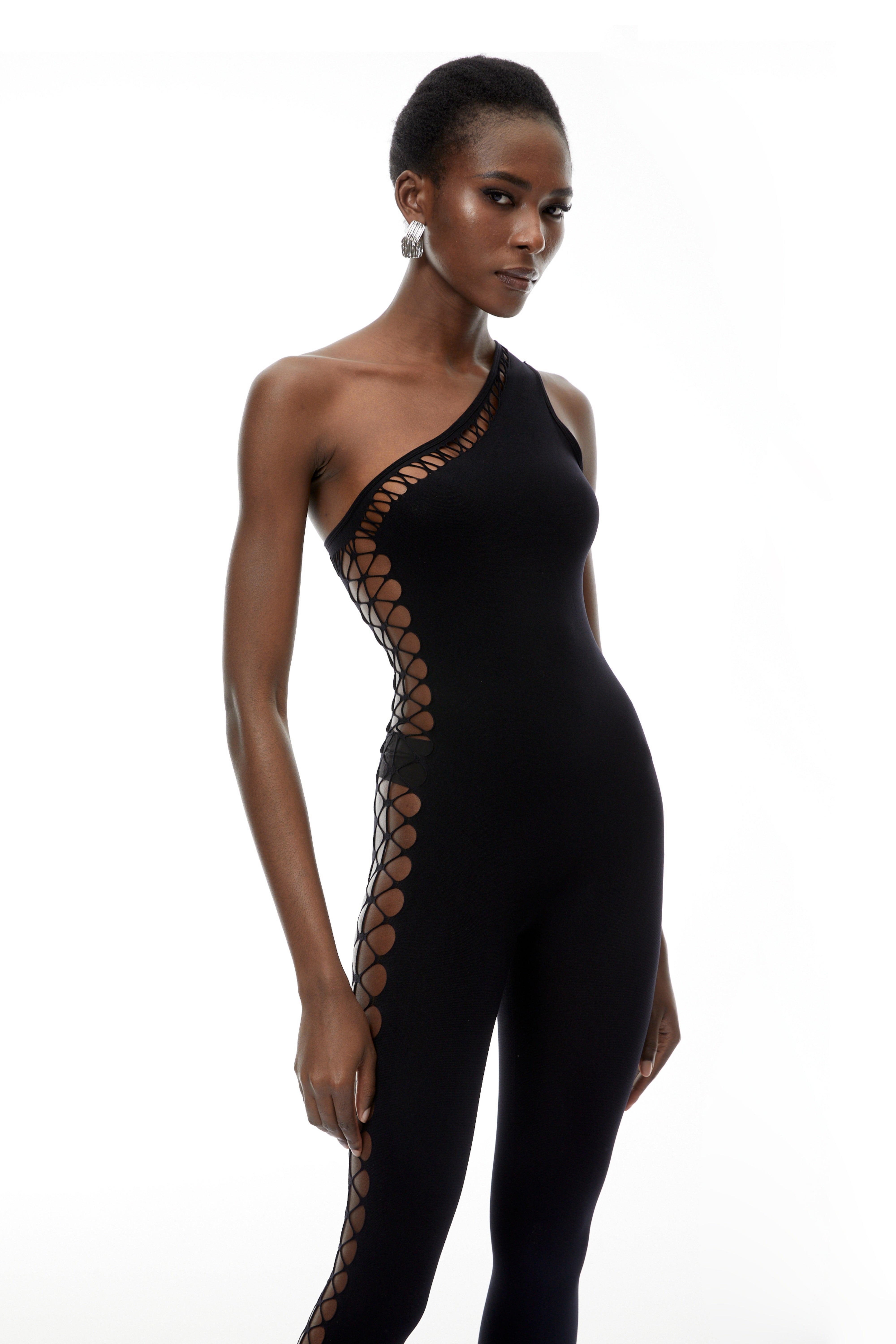 Faustina Black One Shoulder Cut-Out Jumpsuit