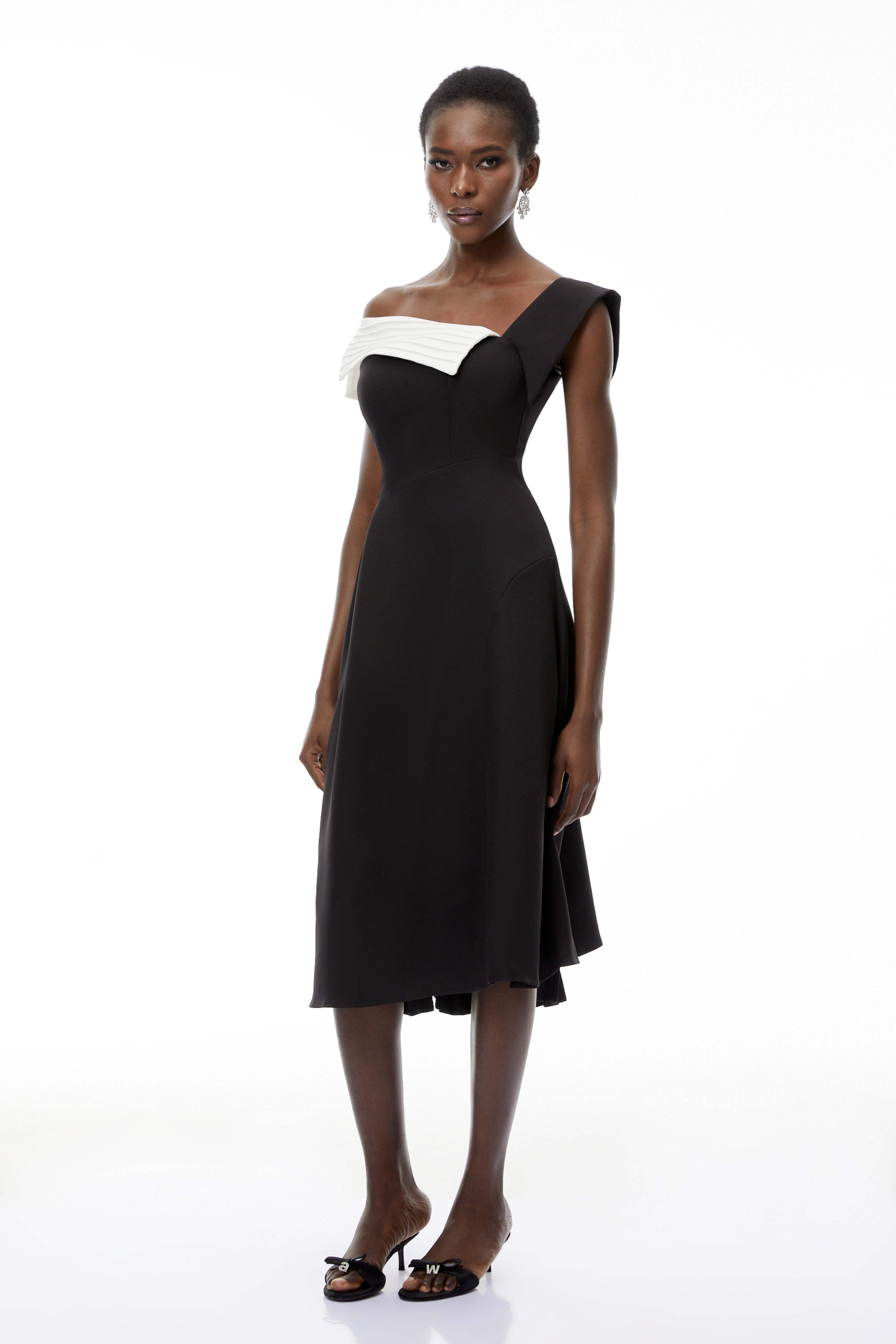 Faustine Black Asymmetrical Color Block Midi Dress