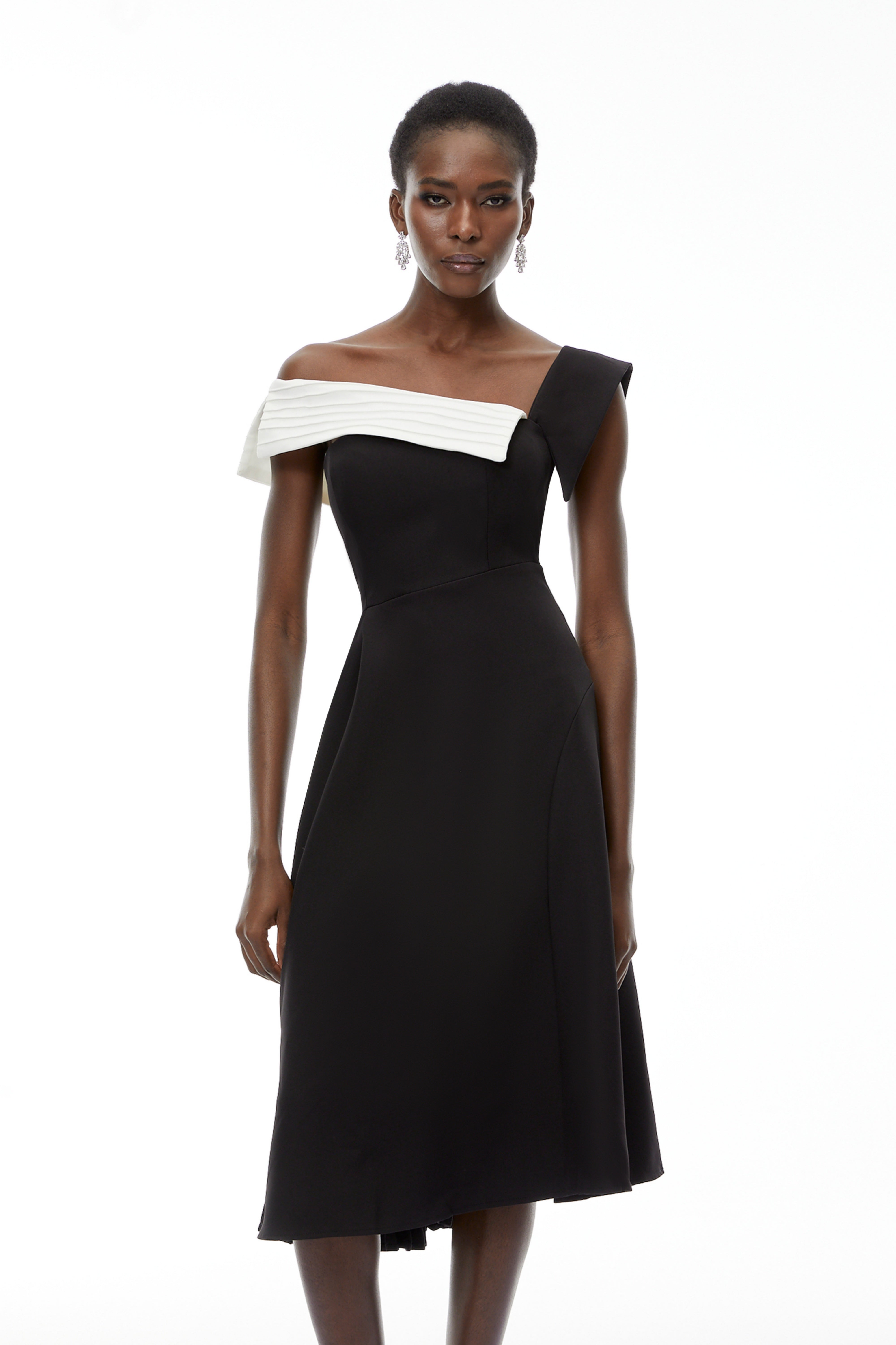 Faustine Black Asymmetrical Color Block Midi Dress