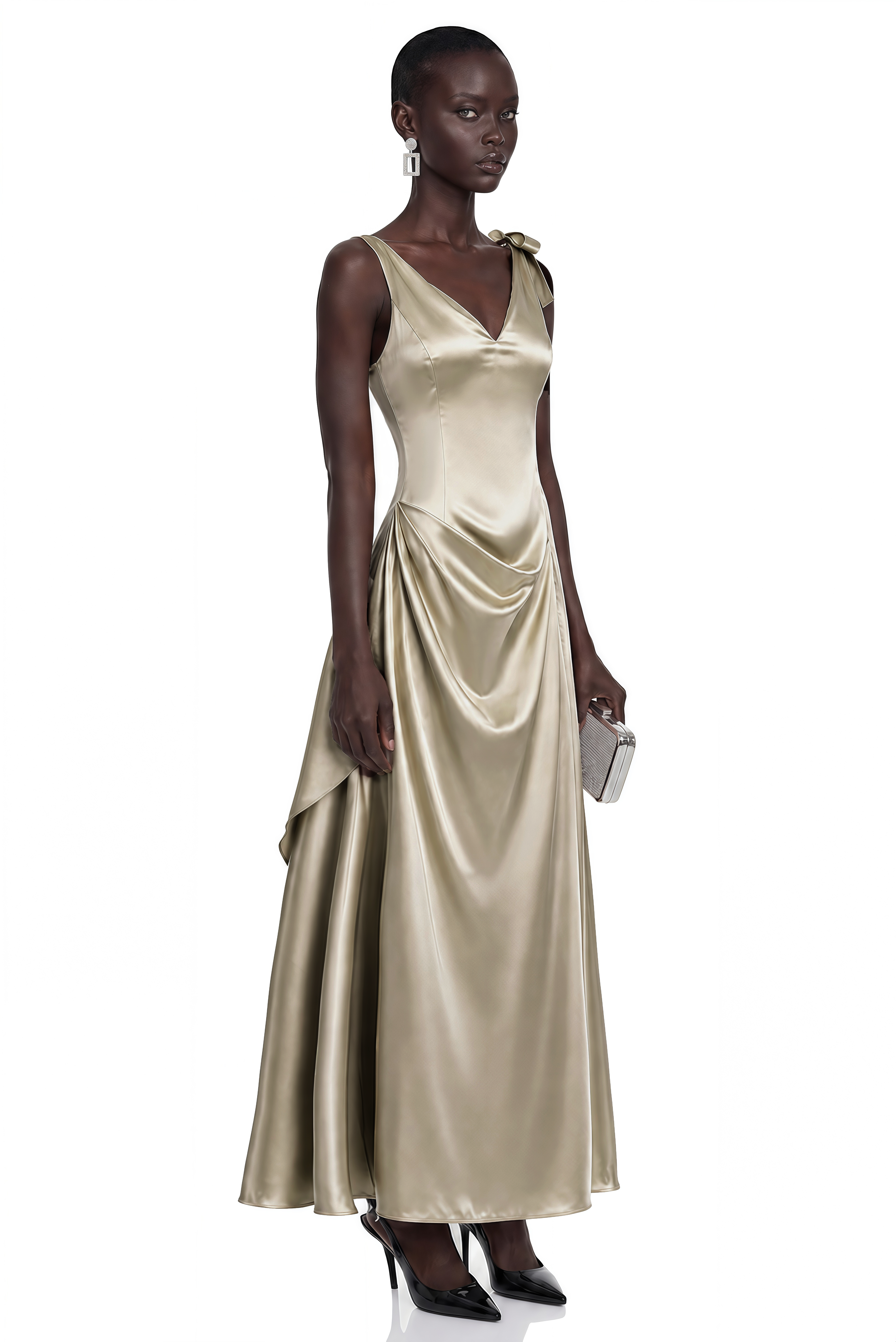 Felicity Taupe Satin V-Neck Ruched Flared Midi Dress