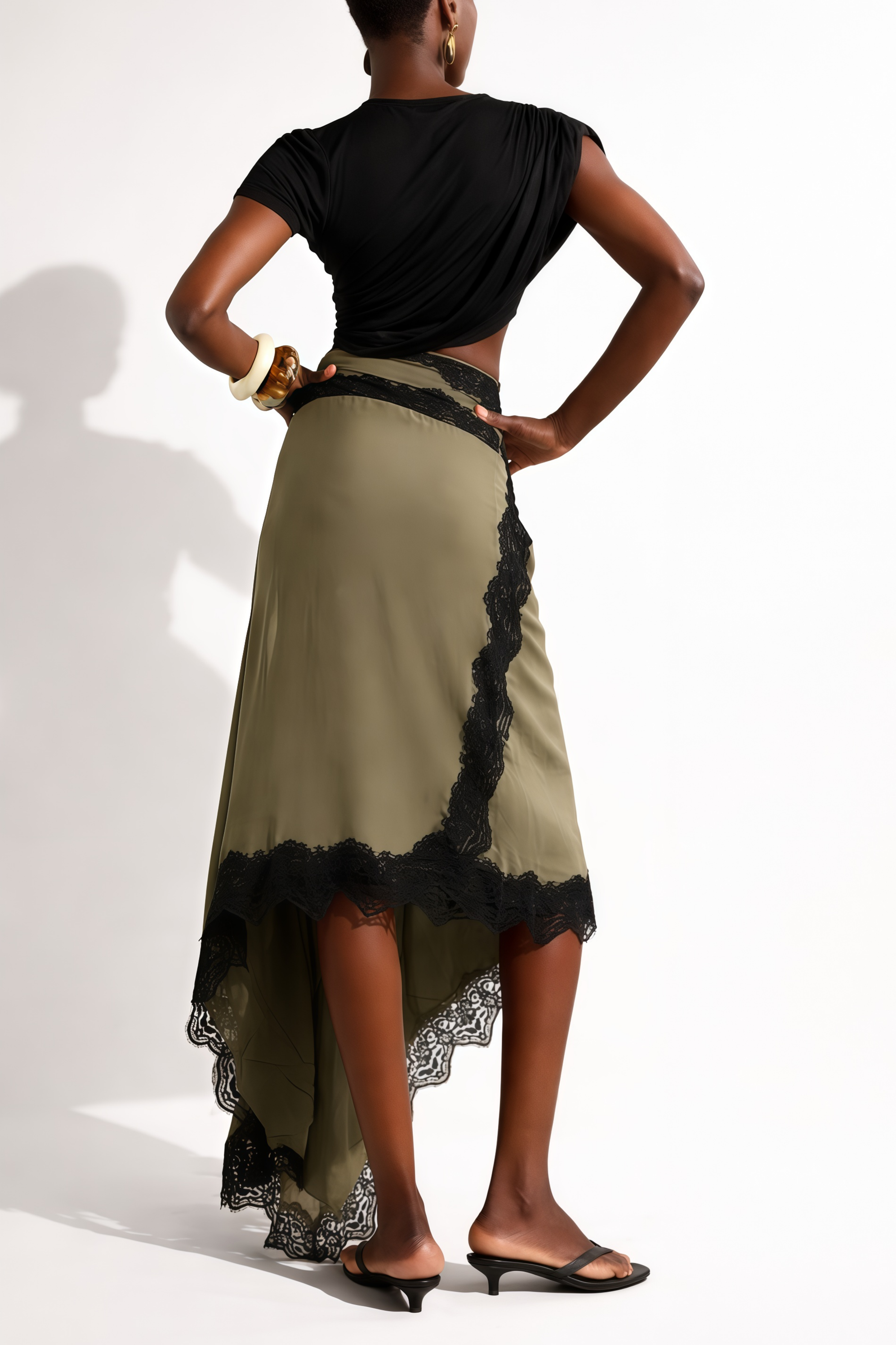 Fiamma Black Gathered Lace Panel Maxi Dress