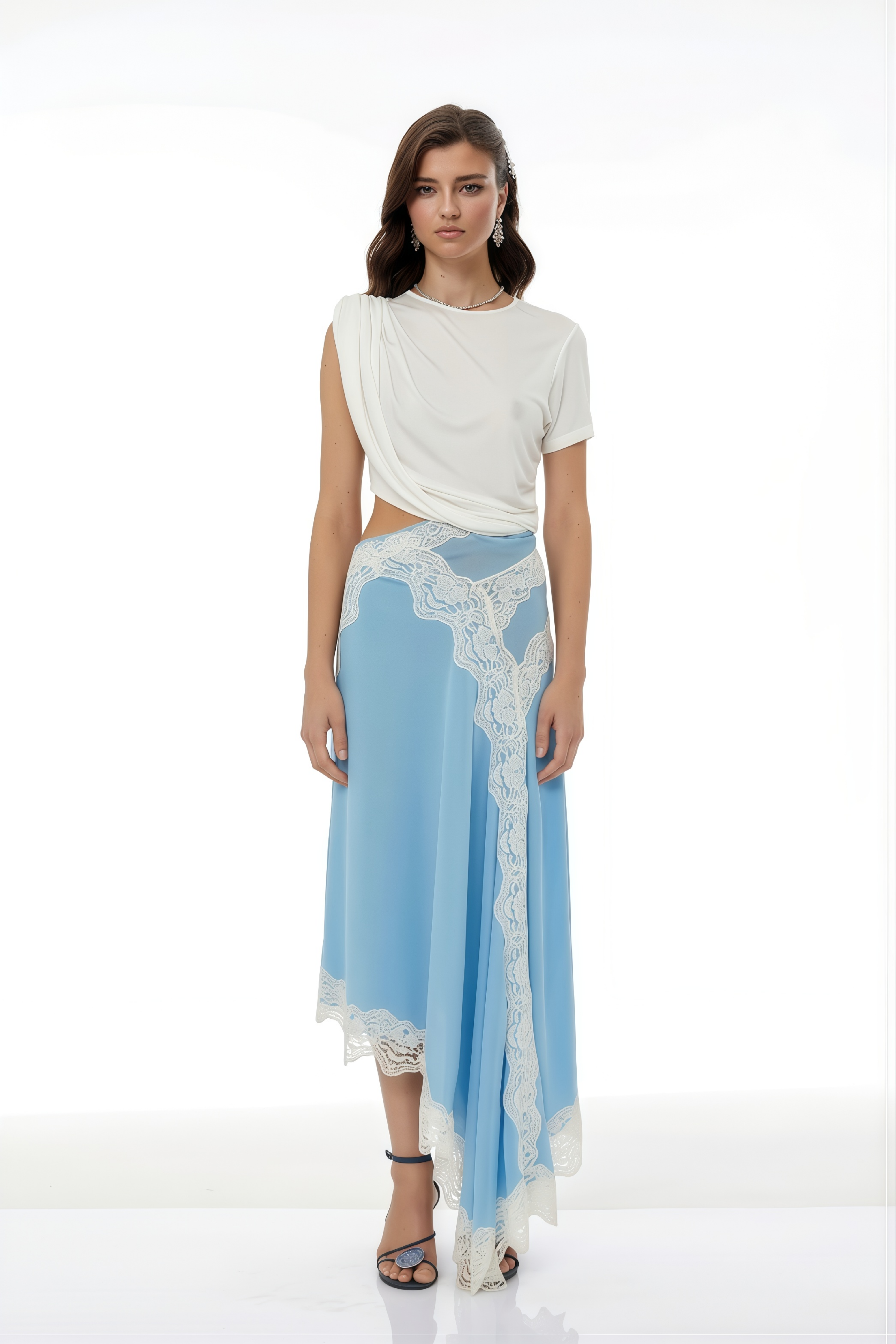 Fiamma Blue Gathered Lace Panel Maxi Dress