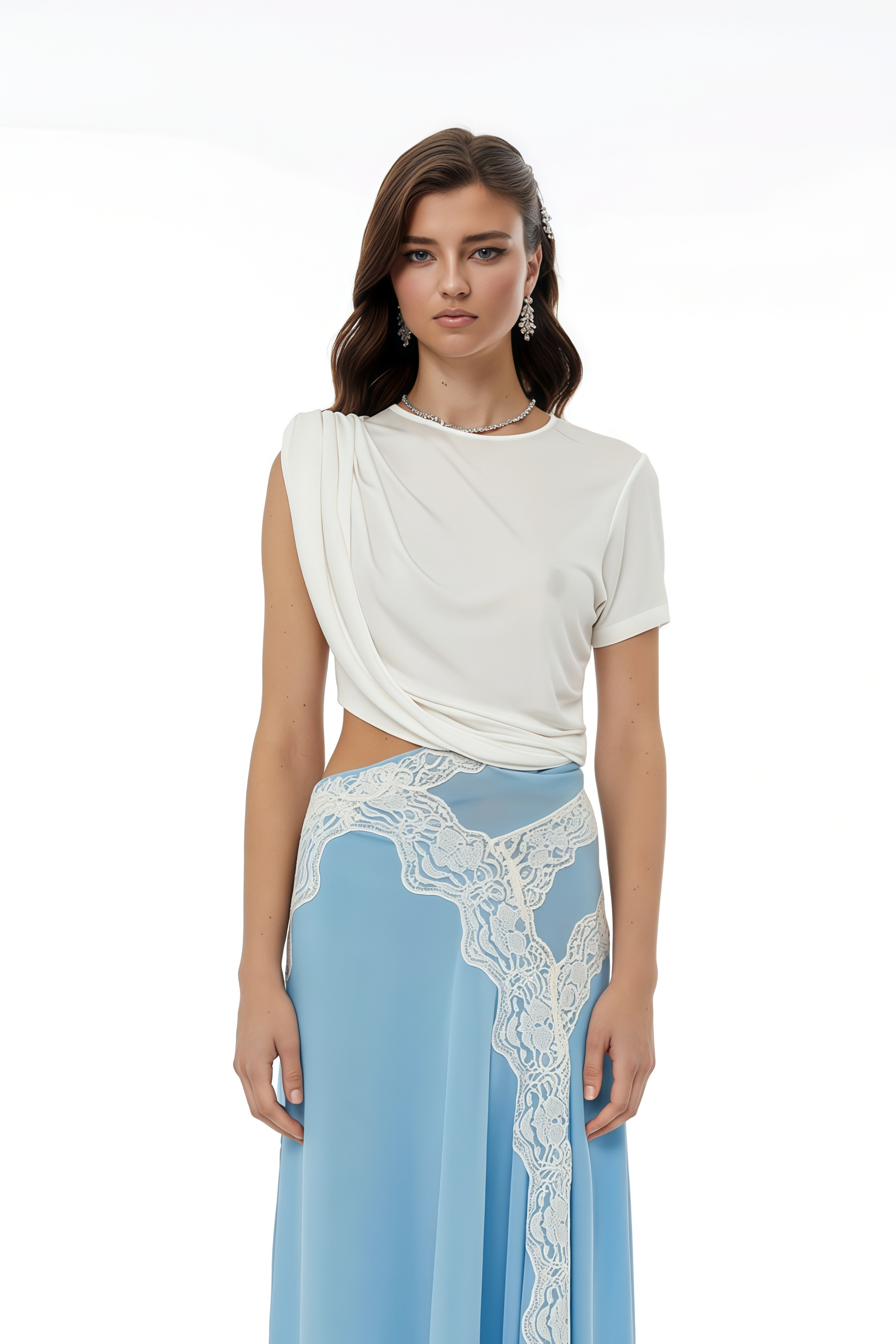 Fiamma Blue Gathered Lace Panel Maxi Dress