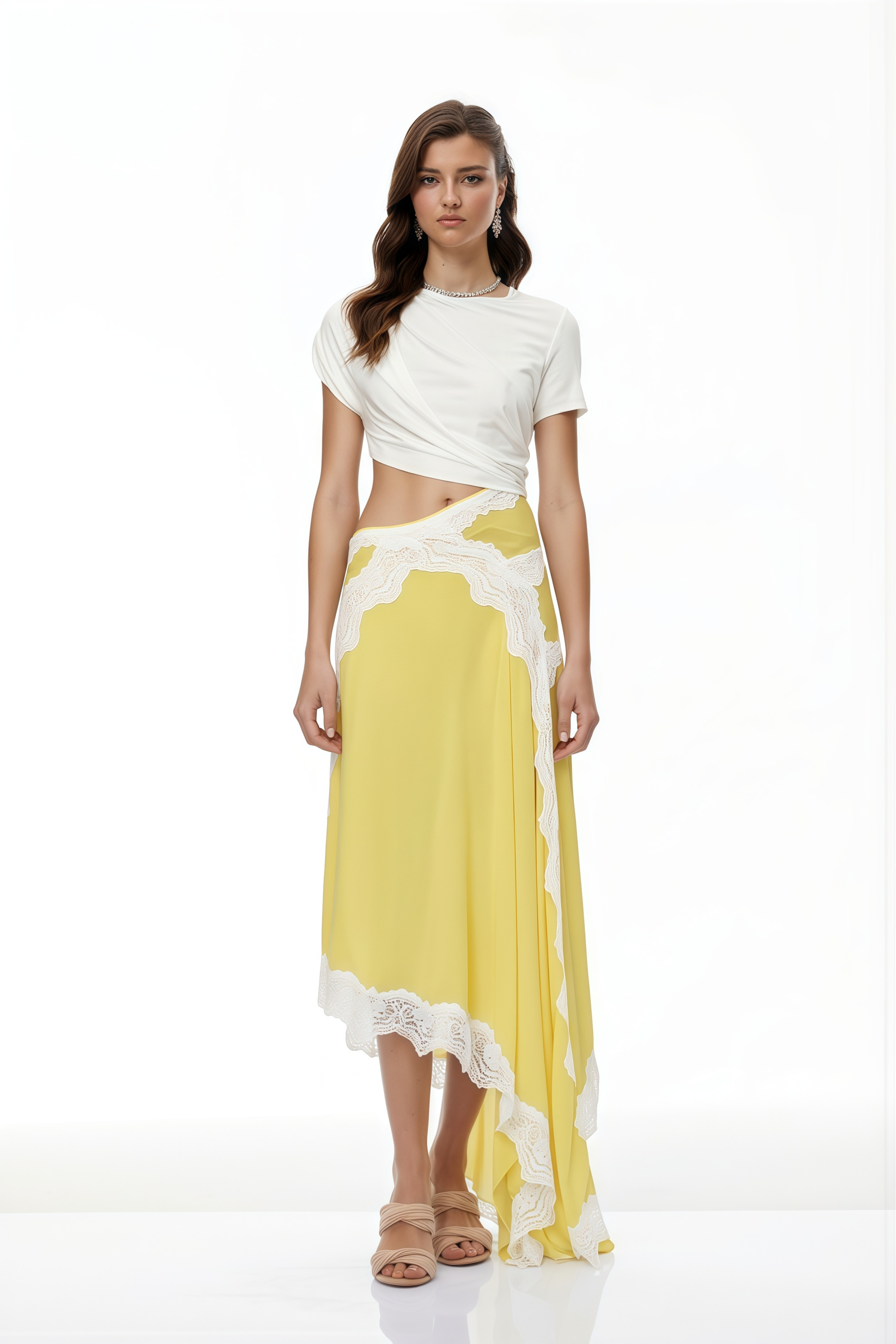 Fiamma Yellow Gathered Lace Panel Maxi Dress