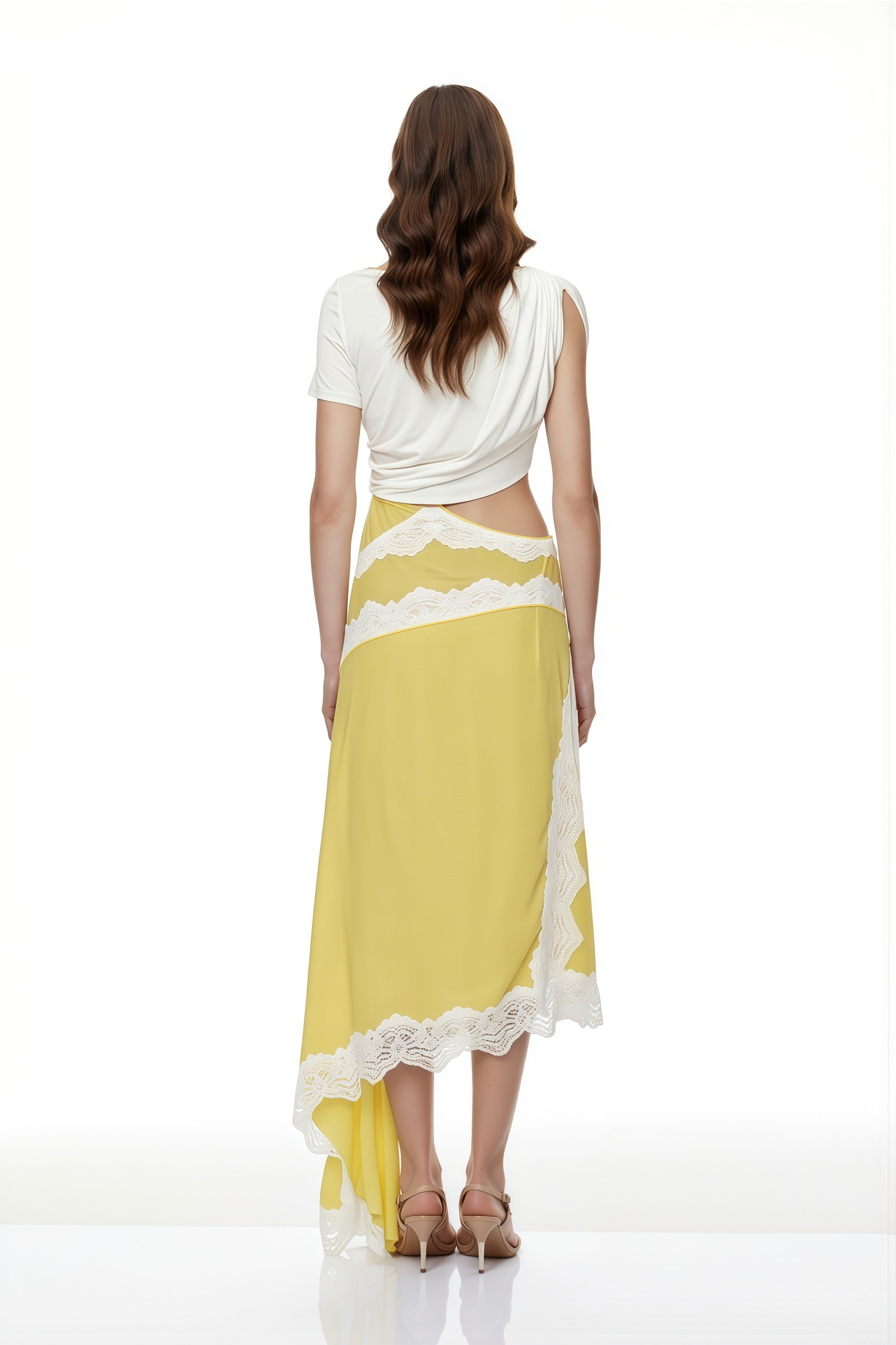 Fiamma Yellow Gathered Lace Panel Maxi Dress