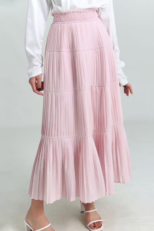 Midi Skirt with Elastic Waist - Pink