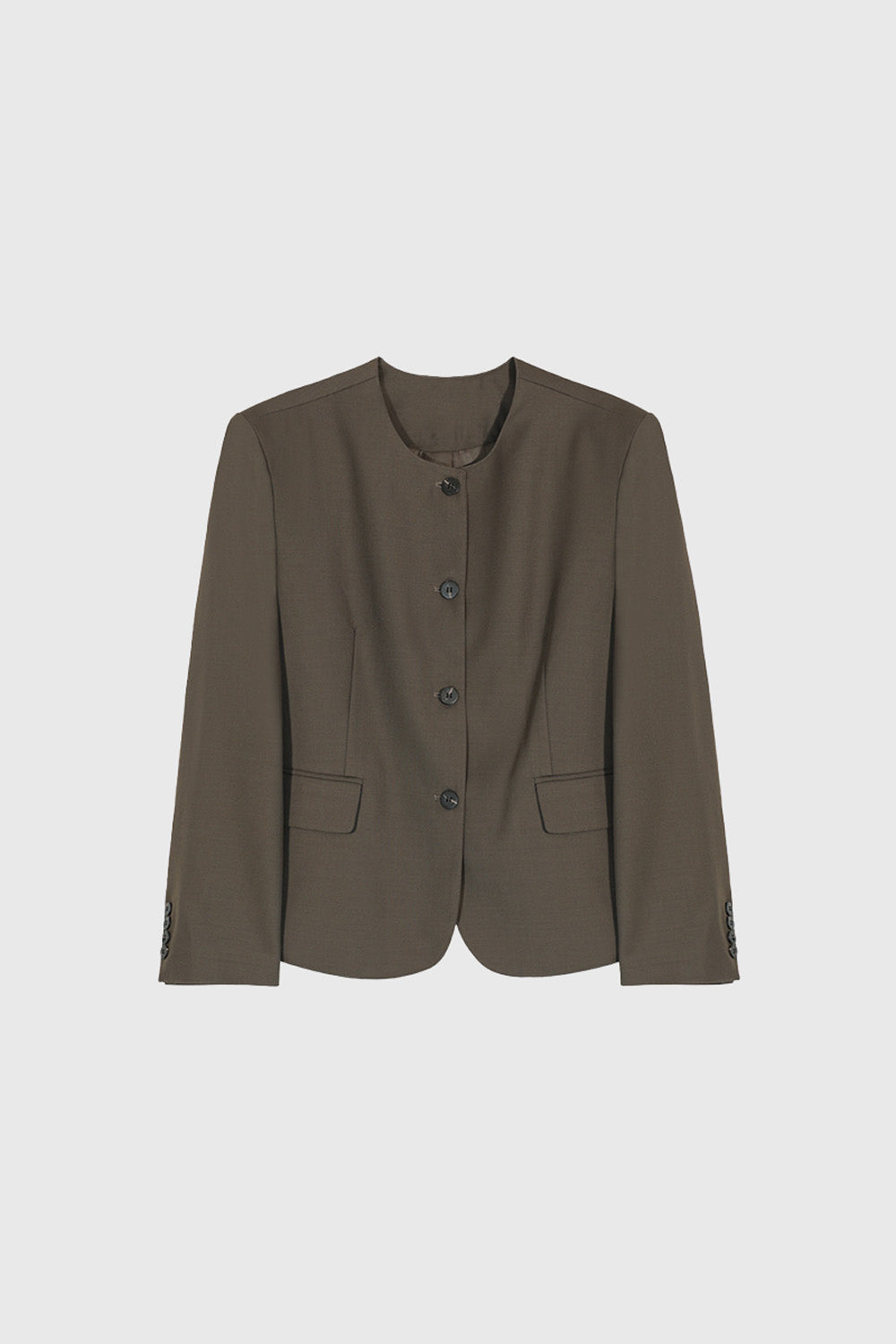 Single Breasted Blazer with Round Neckline - Dark Brown