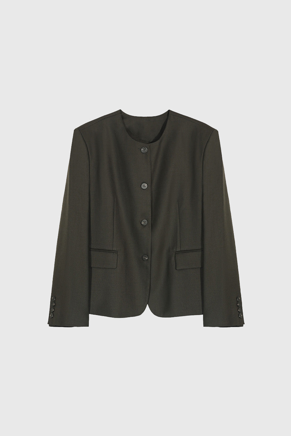 Single Breasted Blazer with Round Neckline - Dark Green