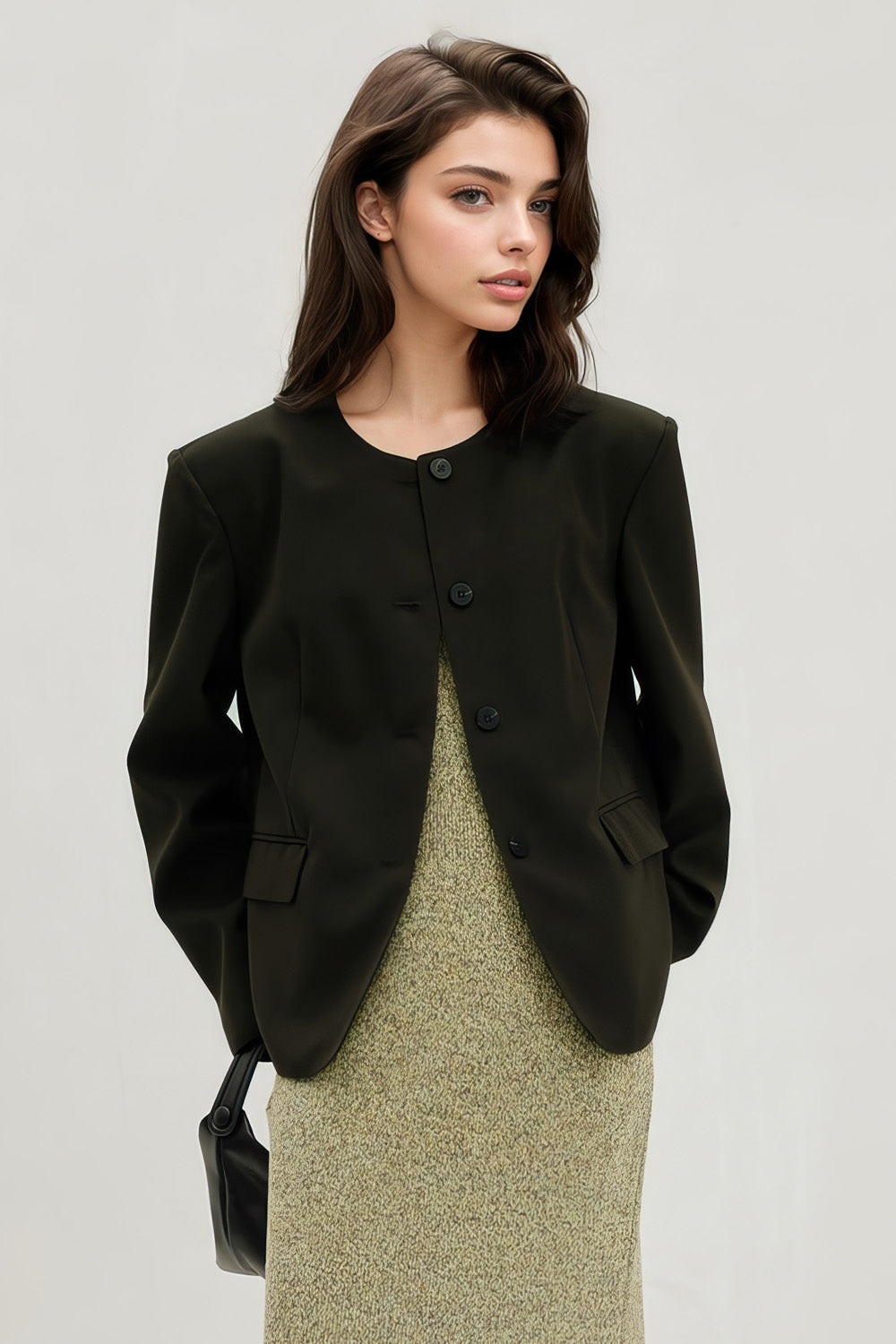 Single Breasted Blazer with Round Neckline - Dark Green