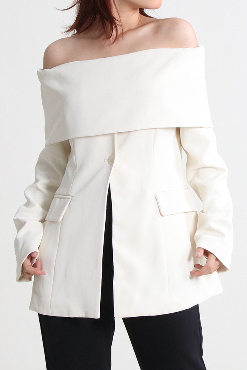 Off Shoulders Blazer with Front Cut - White