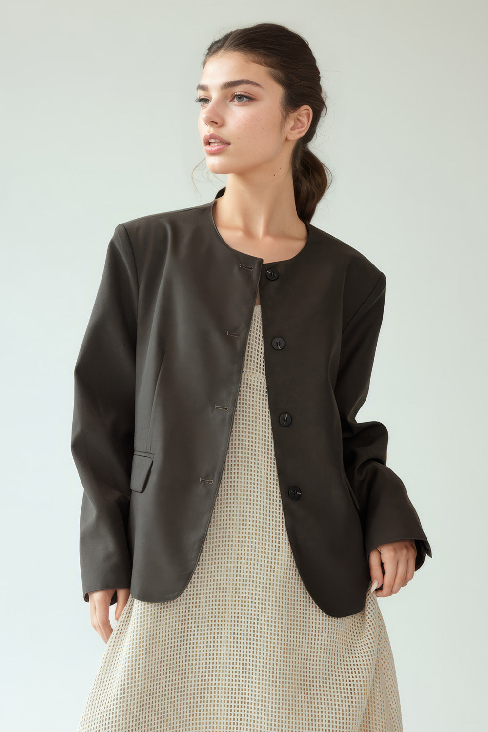 Single Breasted Blazer with Round Neckline - Dark Brown