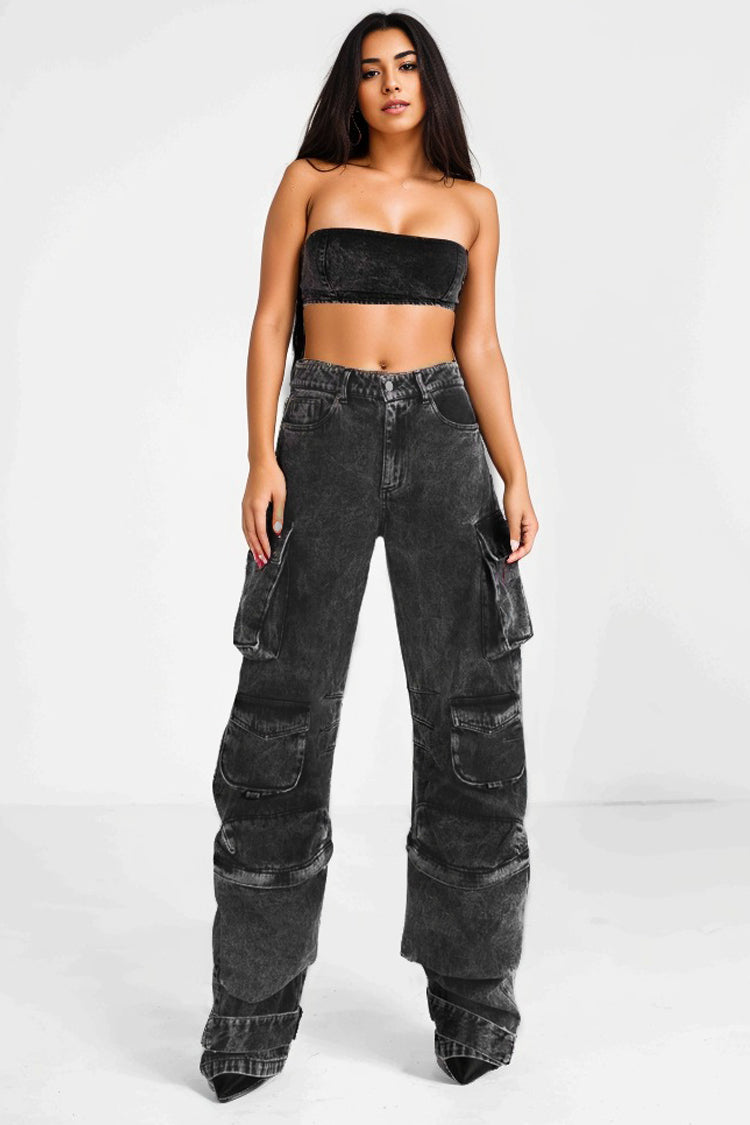 Low Waisted Cargo Jeans - Black