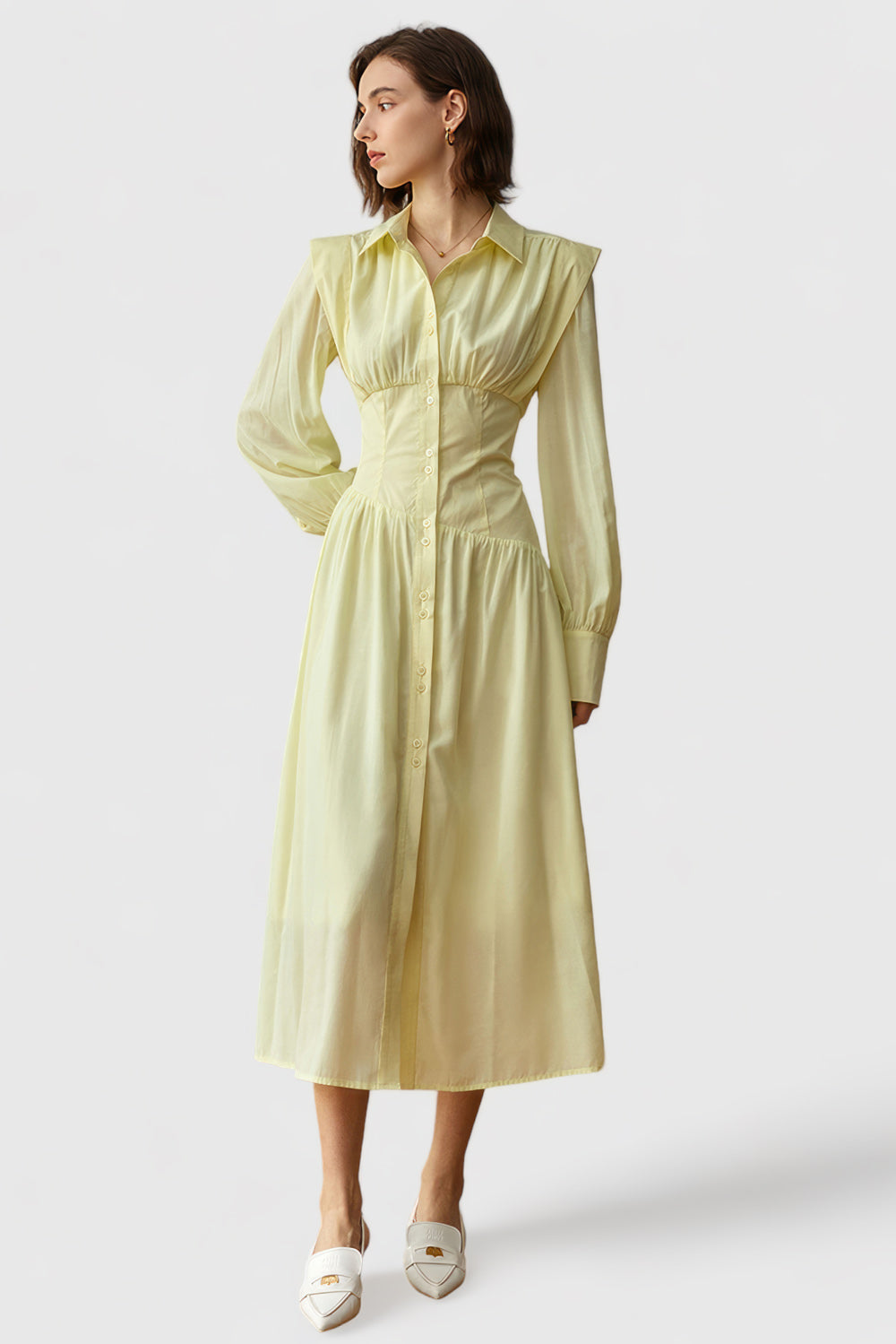 Buttoned Midi Dress With Long Sleeves - Yellow