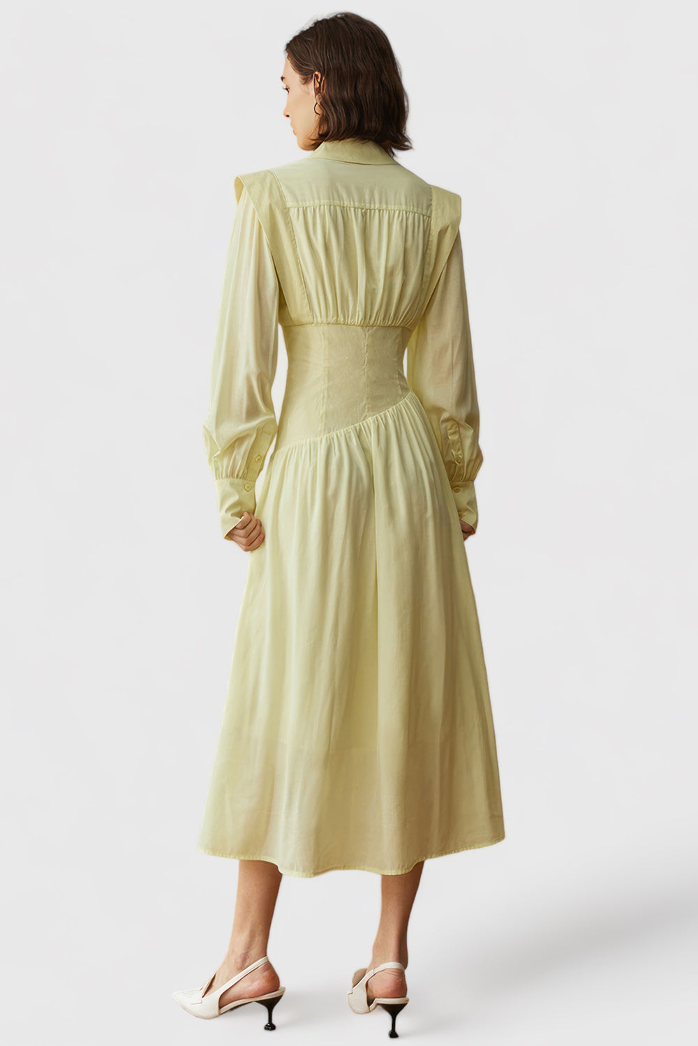 Buttoned Midi Dress With Long Sleeves - Yellow