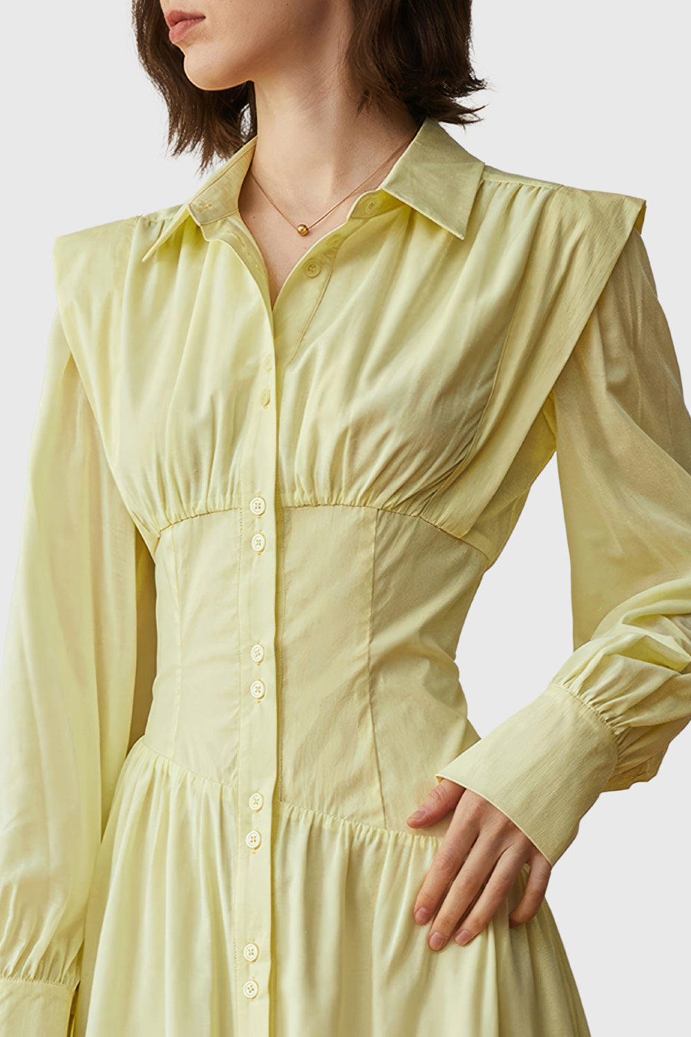 Buttoned Midi Dress With Long Sleeves - Yellow