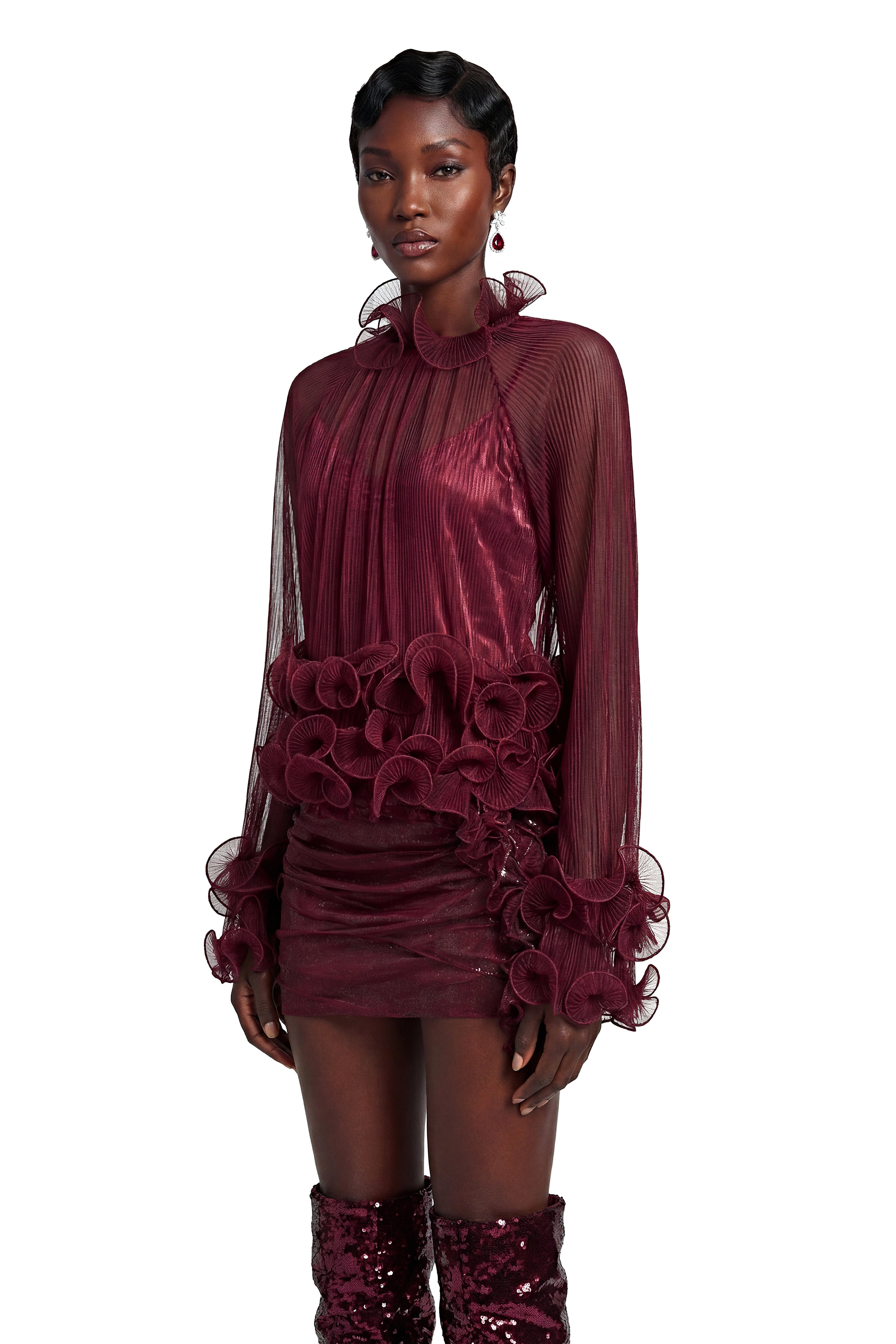 Filomena Red Chiffon Ruffled Blouse