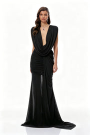 Fíona Black Asymmetrical Draped Maxi Gown
