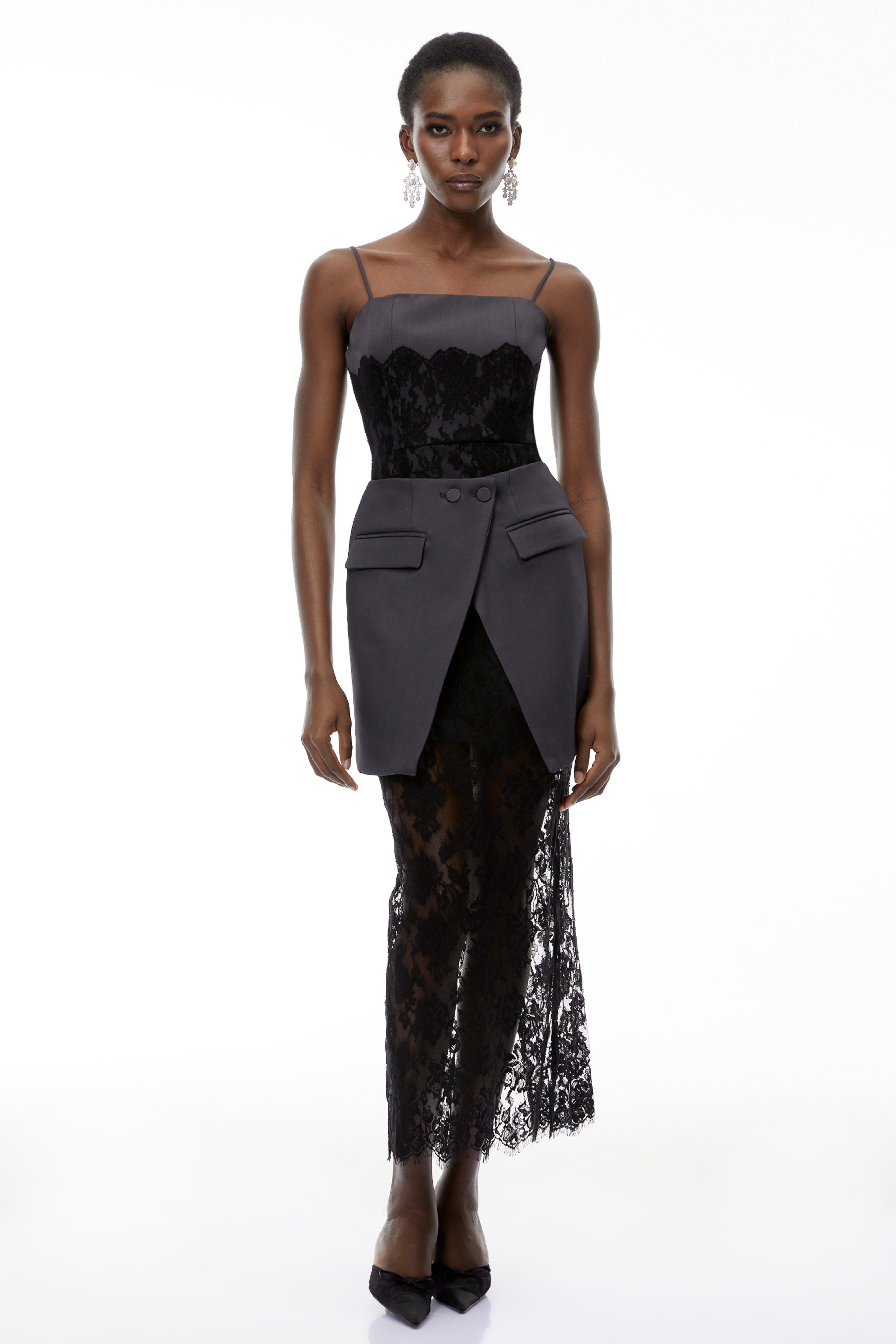 Fiona Grey Lace Panel Asymmetrical Maxi Dress