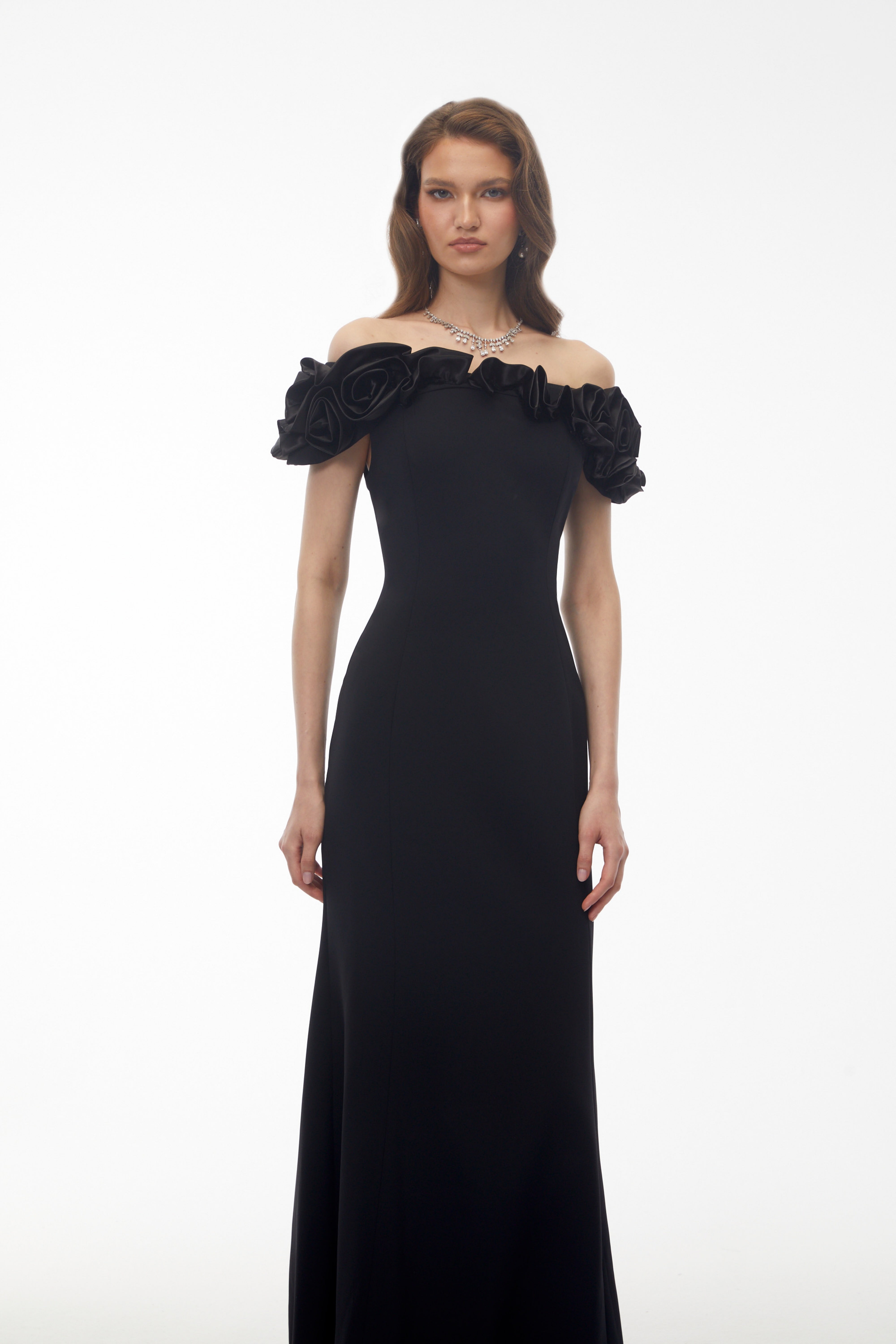 Fiorella Black Off Shoulder Maxi Dress with 3D Florals (Final Sale)