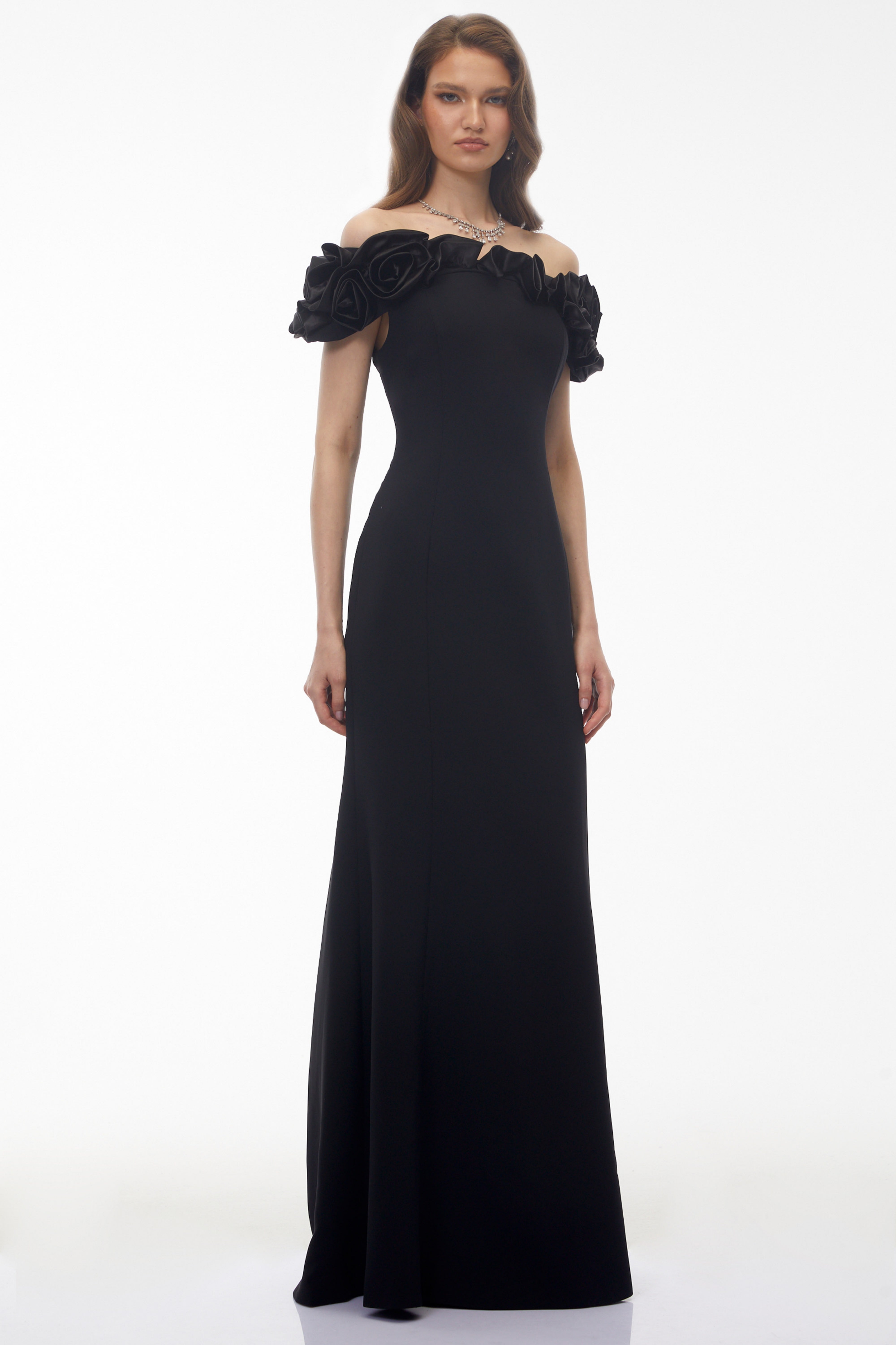 Fiorella Black Off Shoulder Maxi Dress with 3D Florals (Final Sale)