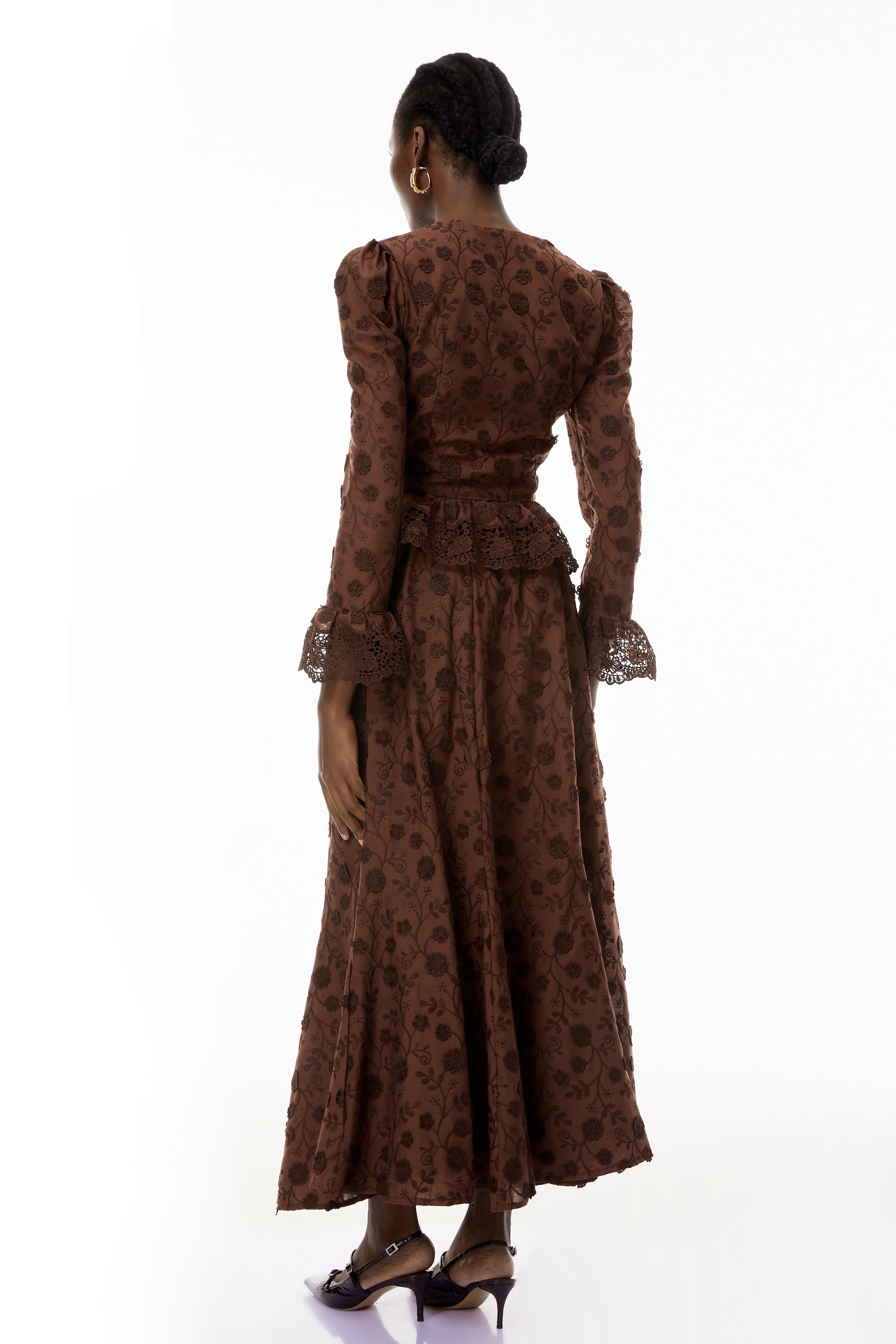 Fiorenza Brown Floral Lace Blouse & Skirt Set
