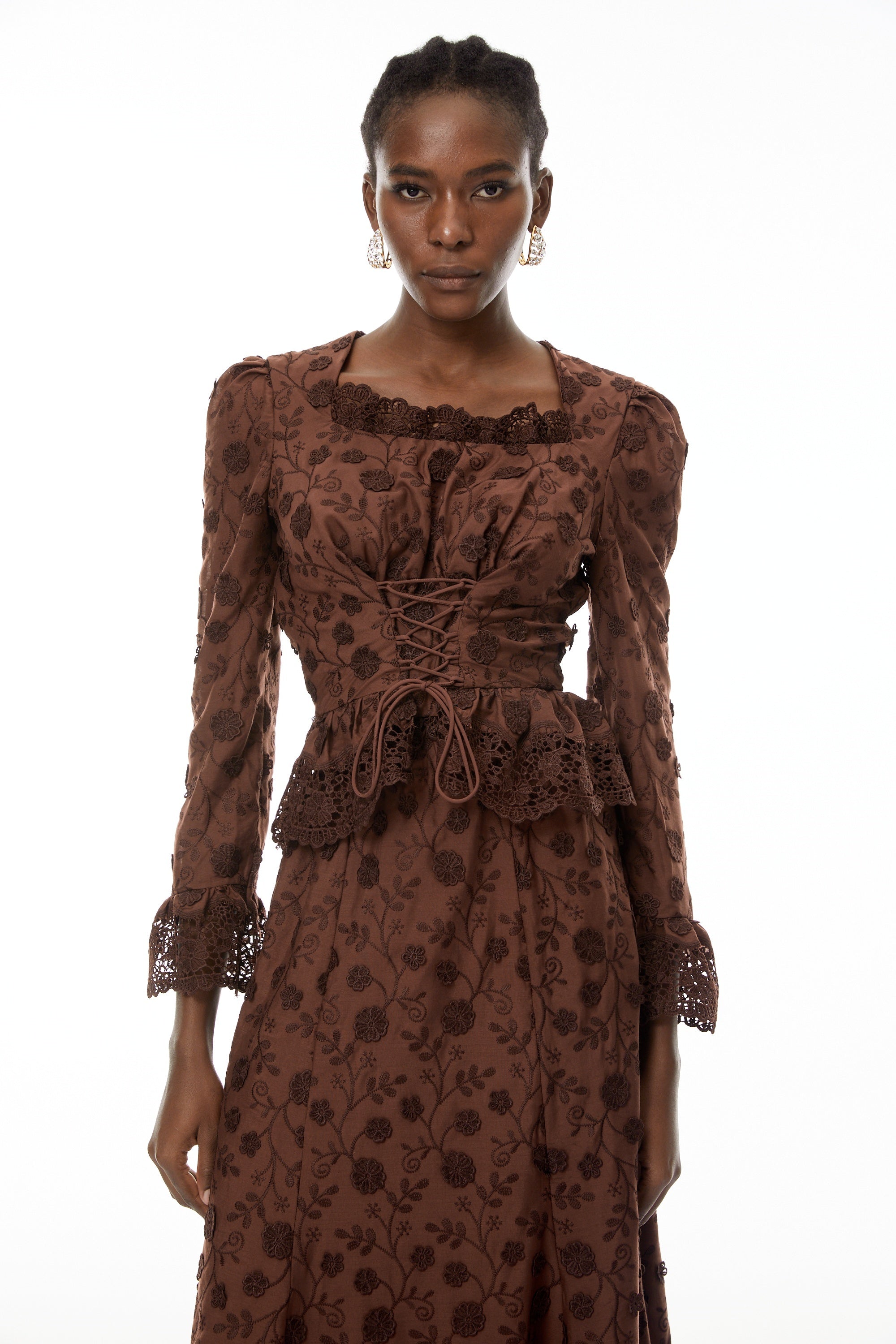 Fiorenza Brown Floral Lace Blouse & Skirt Set