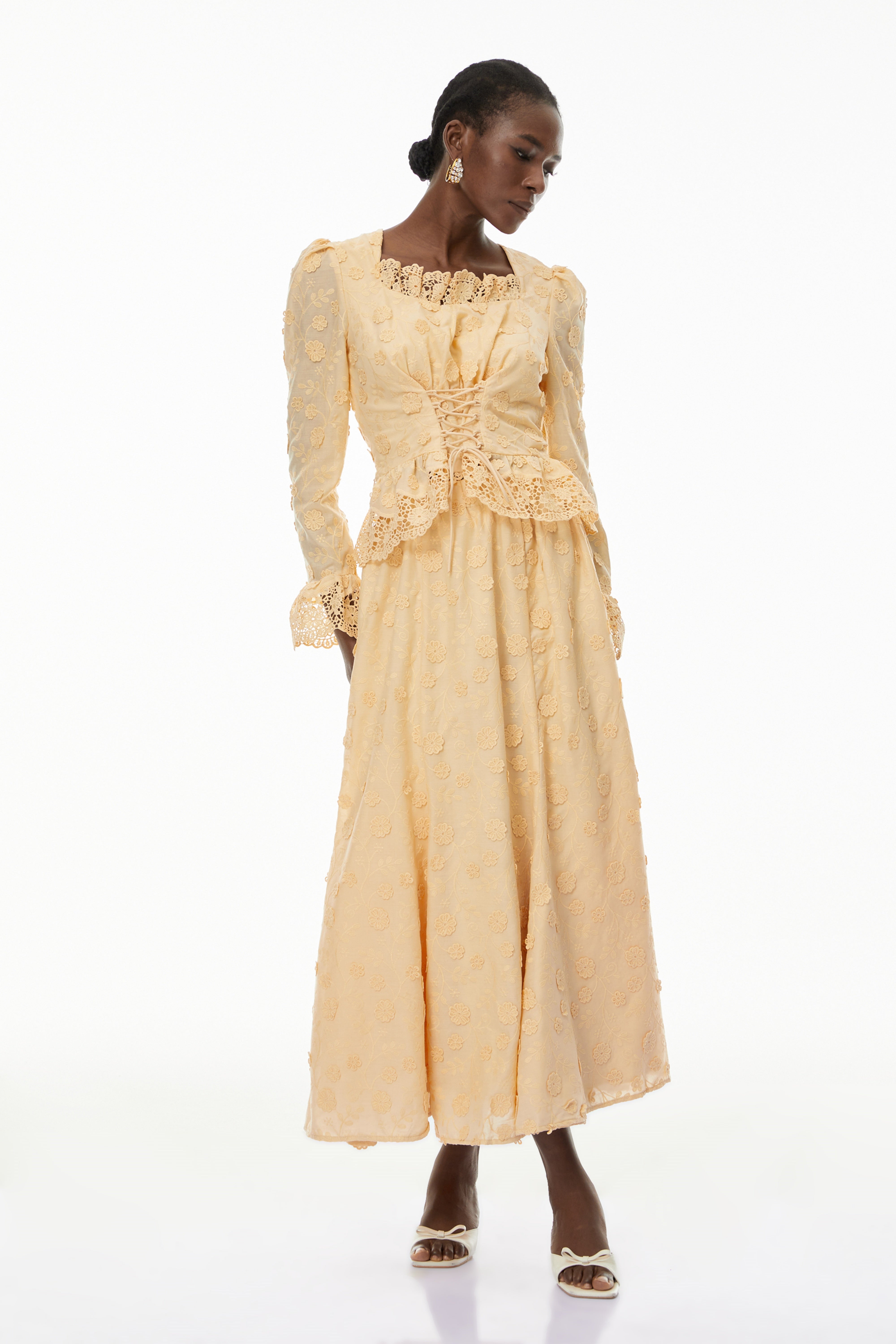 Fiorenza Neutrals Floral Lace Blouse & Skirt Set (Final Sale)