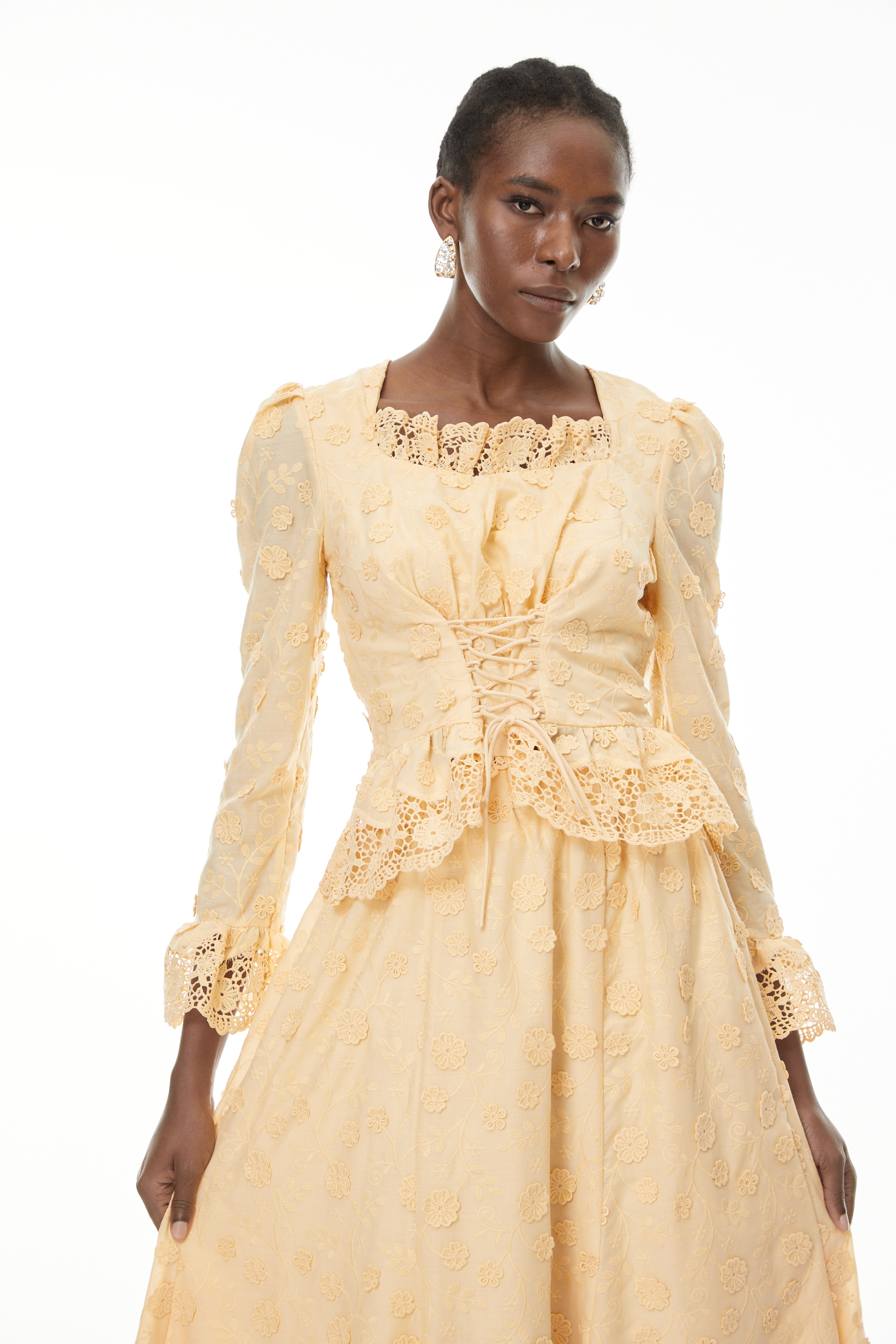 Fiorenza Neutrals Floral Lace Blouse & Skirt Set (Final Sale)