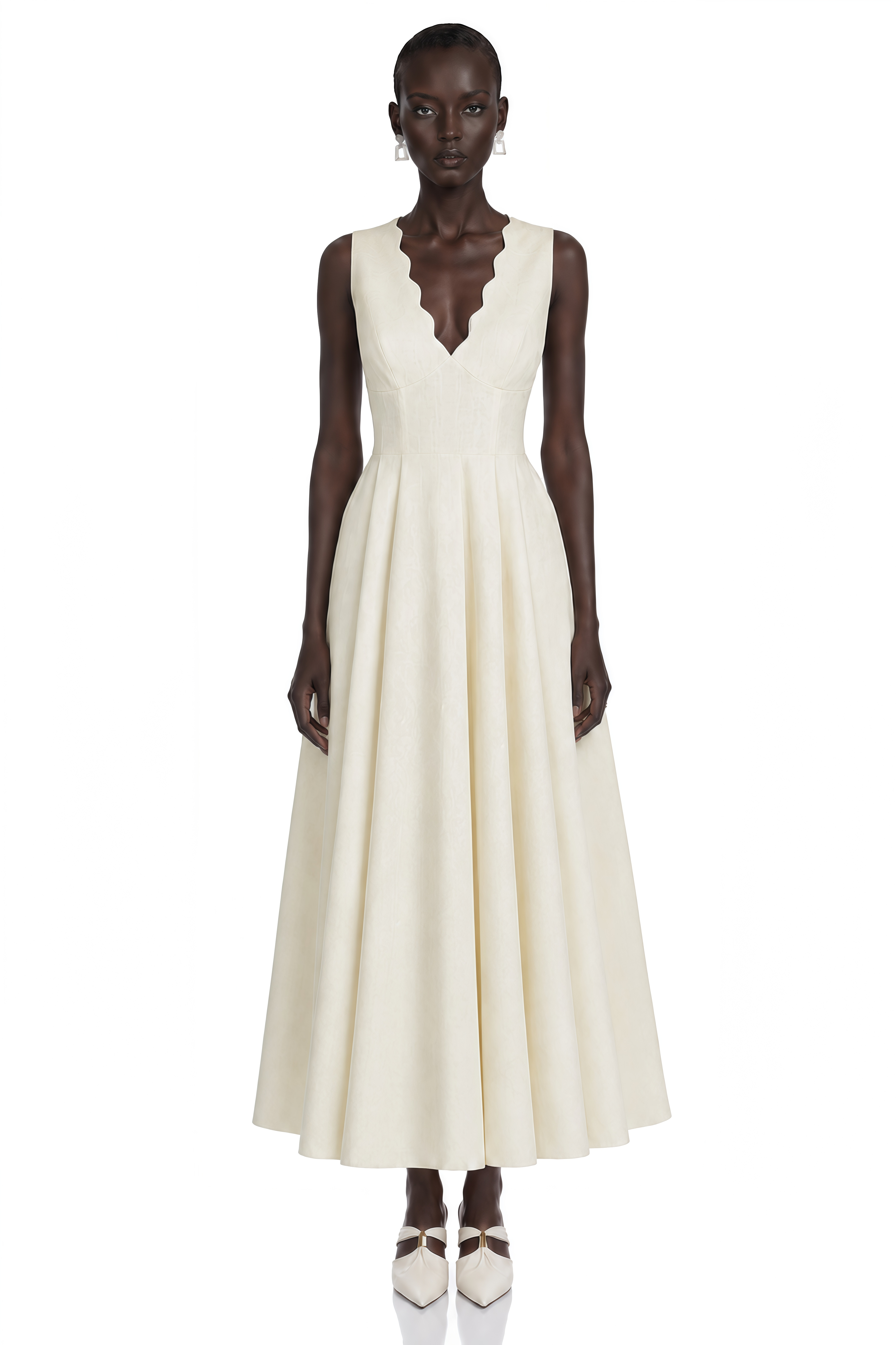 Florence Cream V-Neck Flared Satin Maxi Dress
