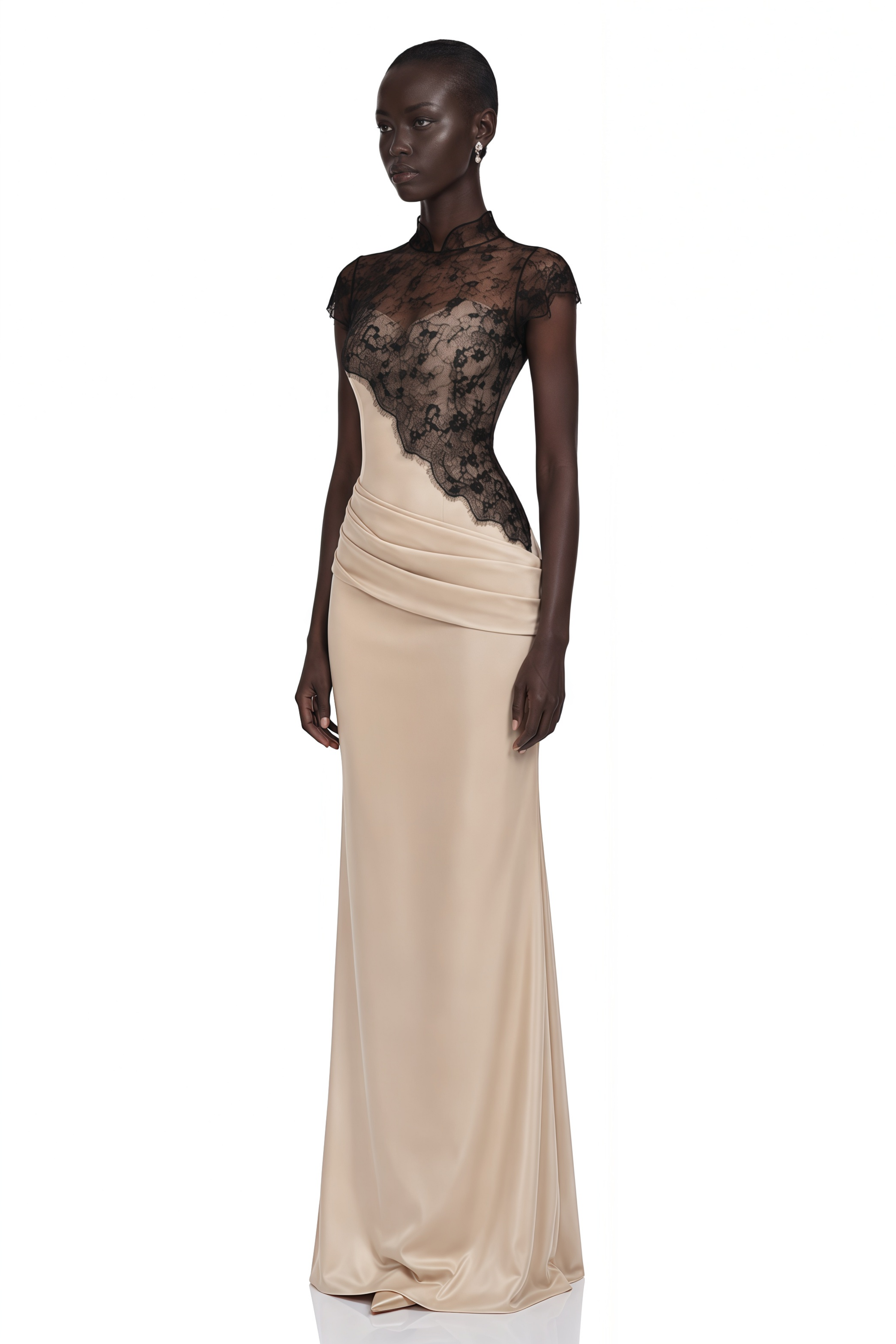 Francesca Neutral Ruched Maxi Dress & Lace Cape Set