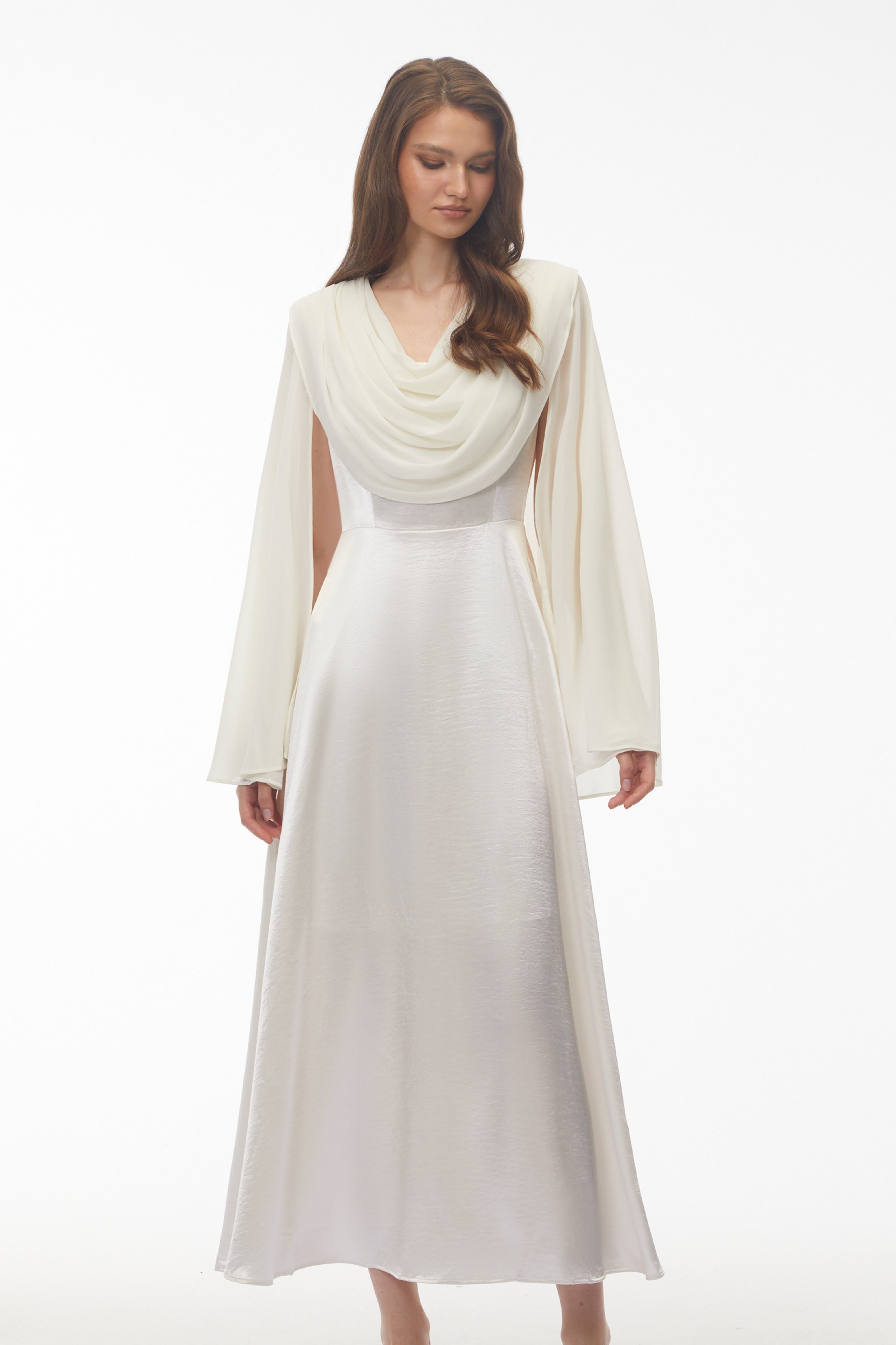 Francine Ivory Draped Neck Maxi Dress with Cape Sleeves