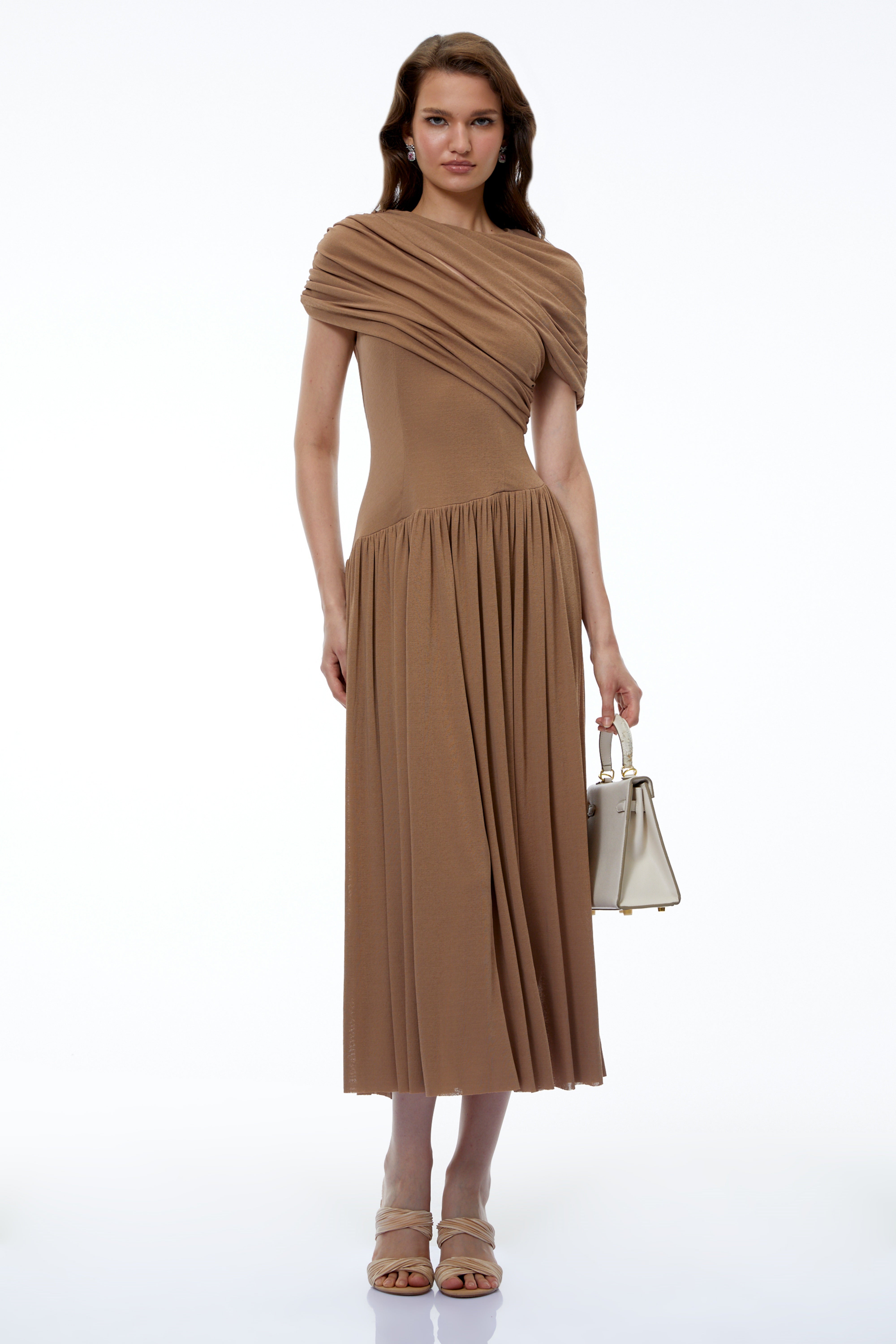 Francine Khaki Asymmetrical Ruched Midi Dress