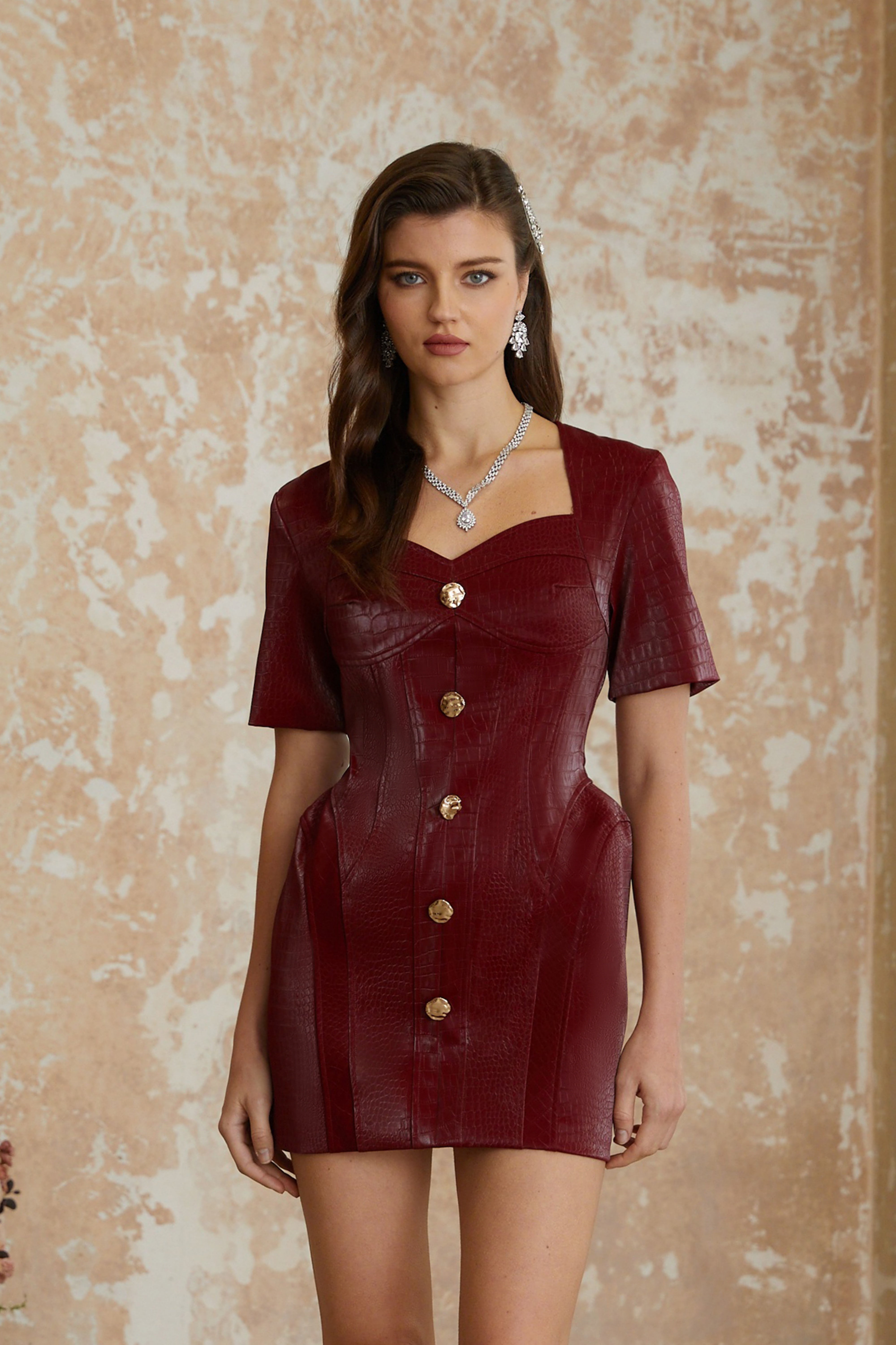Frankie Red Leather Mini Dress with Decorative Buttons (Final Sale-US Only)