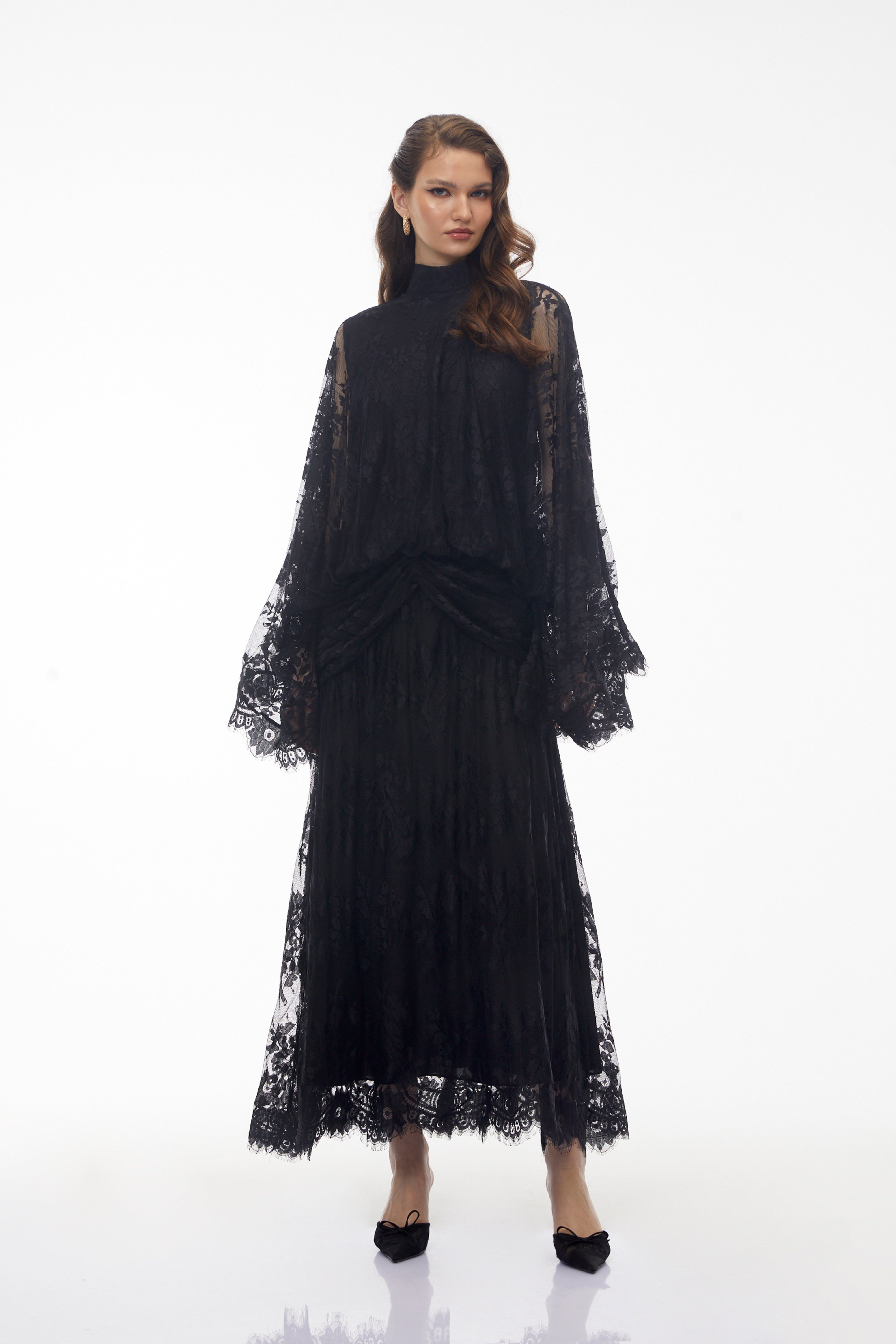 Franziska Black Draped Lace Maxi Dress