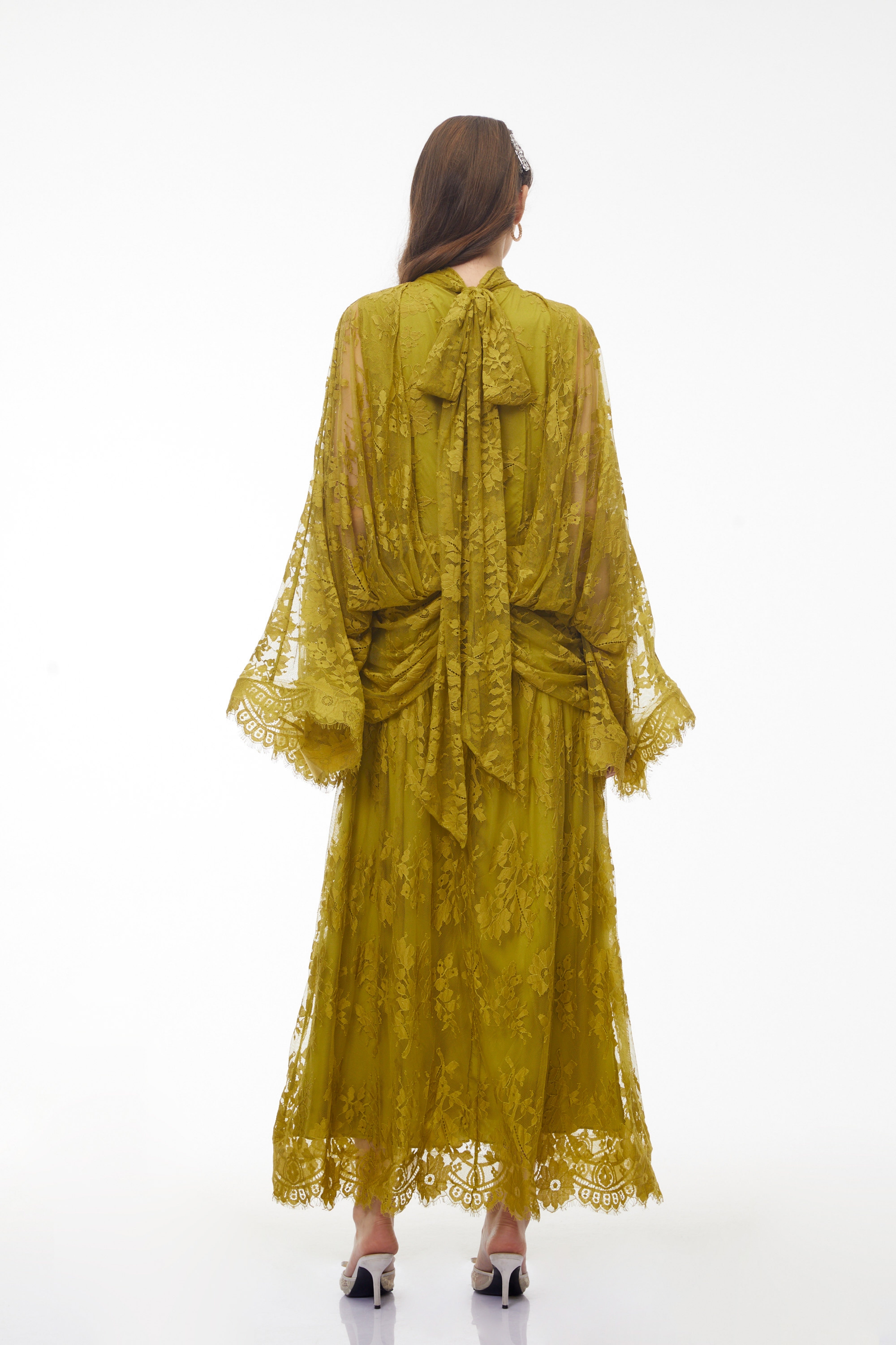 Franziska Yellow Draped Lace Maxi Dress