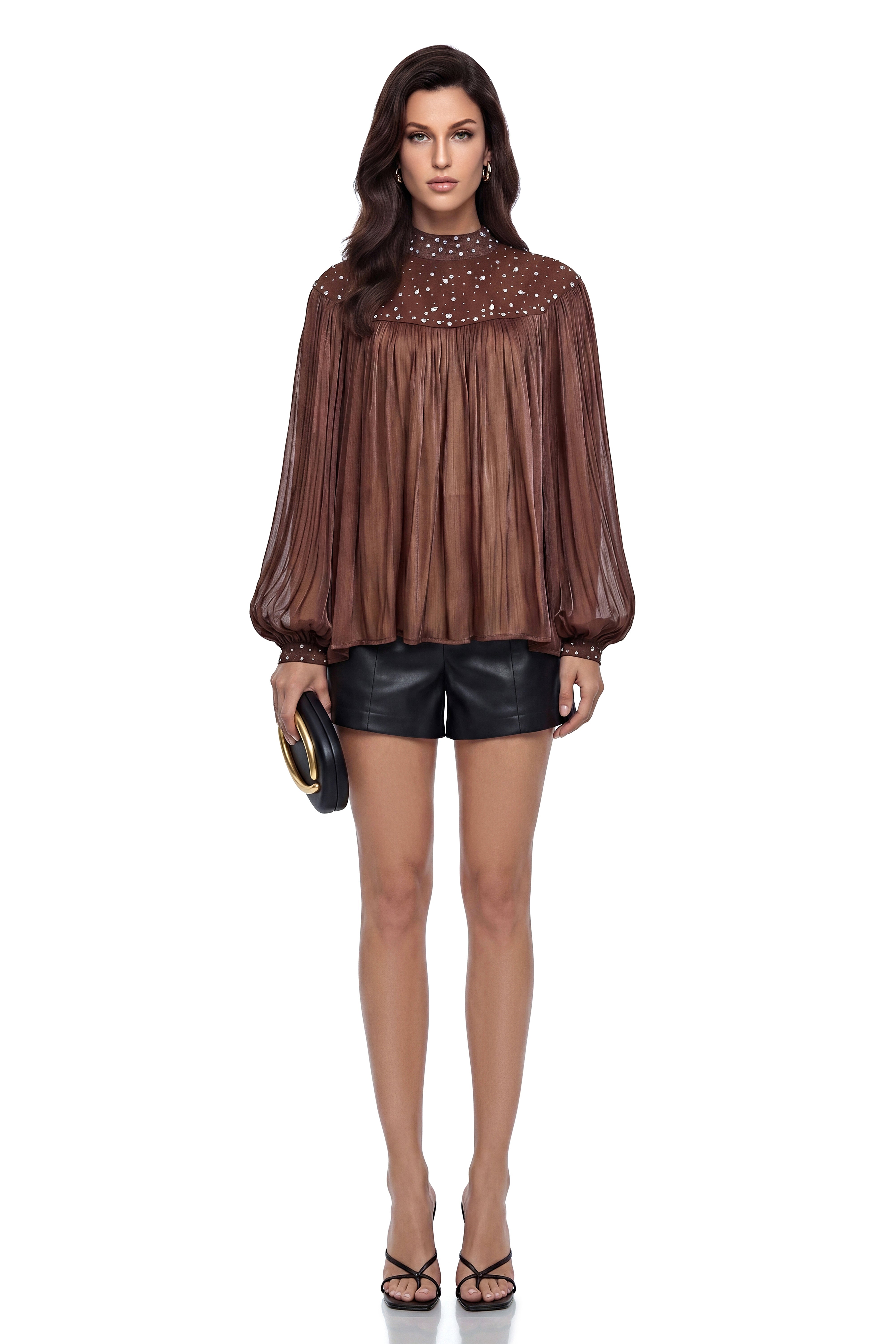 Freyja Chocolate Brown Embellished Pleated Chiffon Blouse